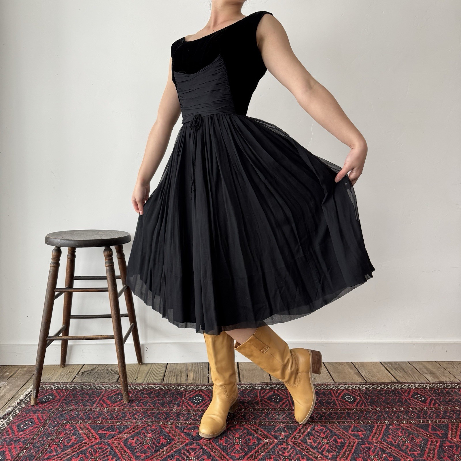 Vintage Union Made Darling Black Midi Dress Size 00 EST 1950s Antique Frock