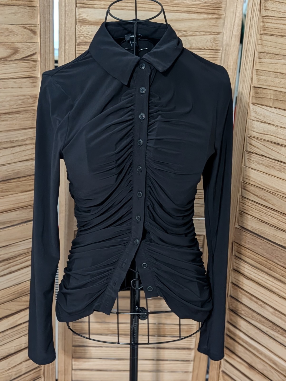 Y2K Vintage Express Top Small Black Collared Corpcore Office Siren Ruched