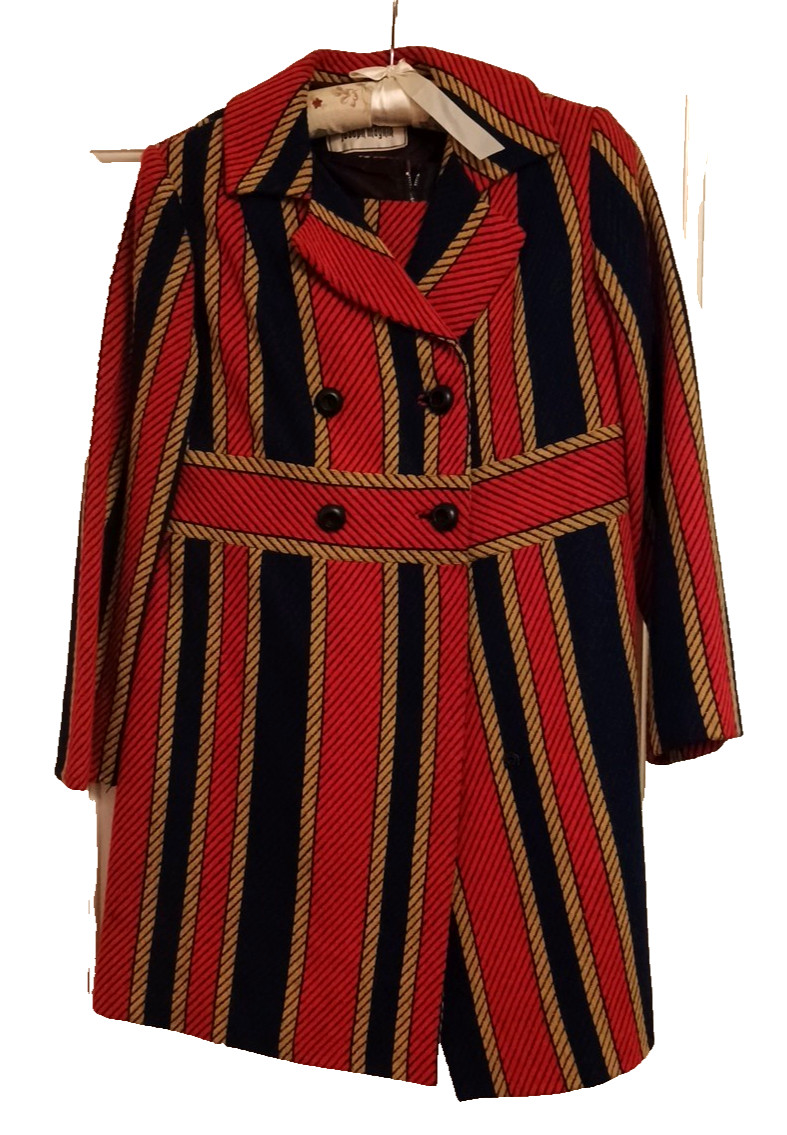 Vtg FAB Joseph Magnin 2 pc Mod Striped Blue Red Gold dress & Long button coat S