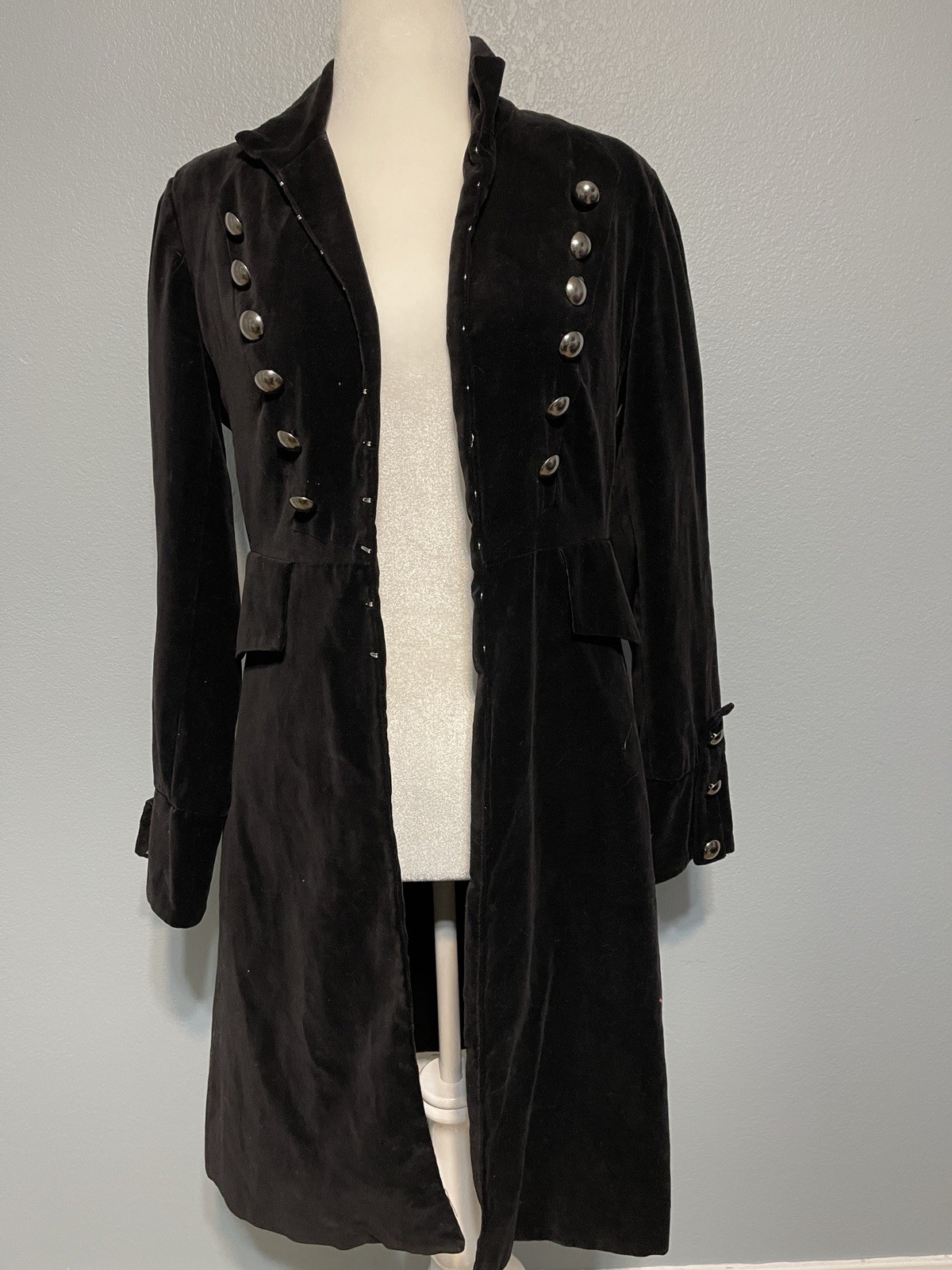 Vintage 90s Newport News Black Velvet Steampunk Military Coat Goth Jacket Sz 10