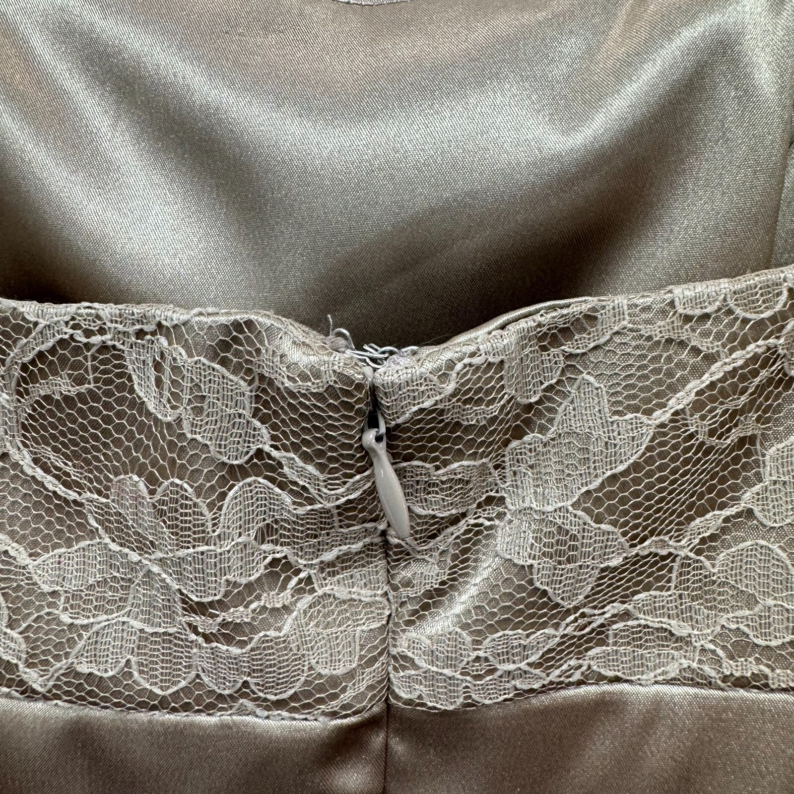 90s Y2K Vintage Evening Formal Dress 6 Medium Tan Beige Taupe Satin Lace Mesh