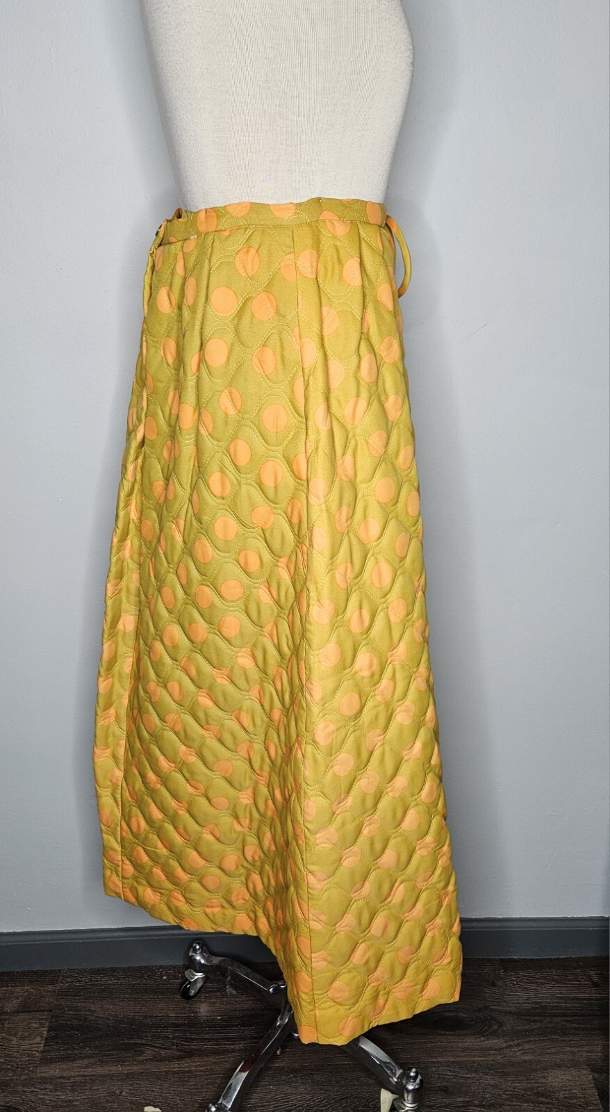 VTG 1970s Alex Colman California Vintage Chartreuse Quilted Maxi Skirt Medium