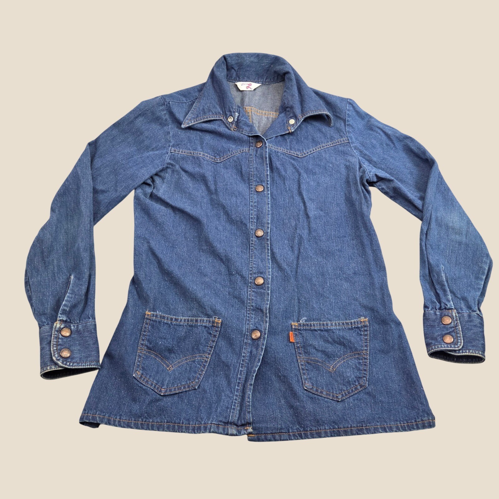 Vintage 70s Levis Denim Chore Shirt Jacket Womens M Blue Orange Tab Western USA