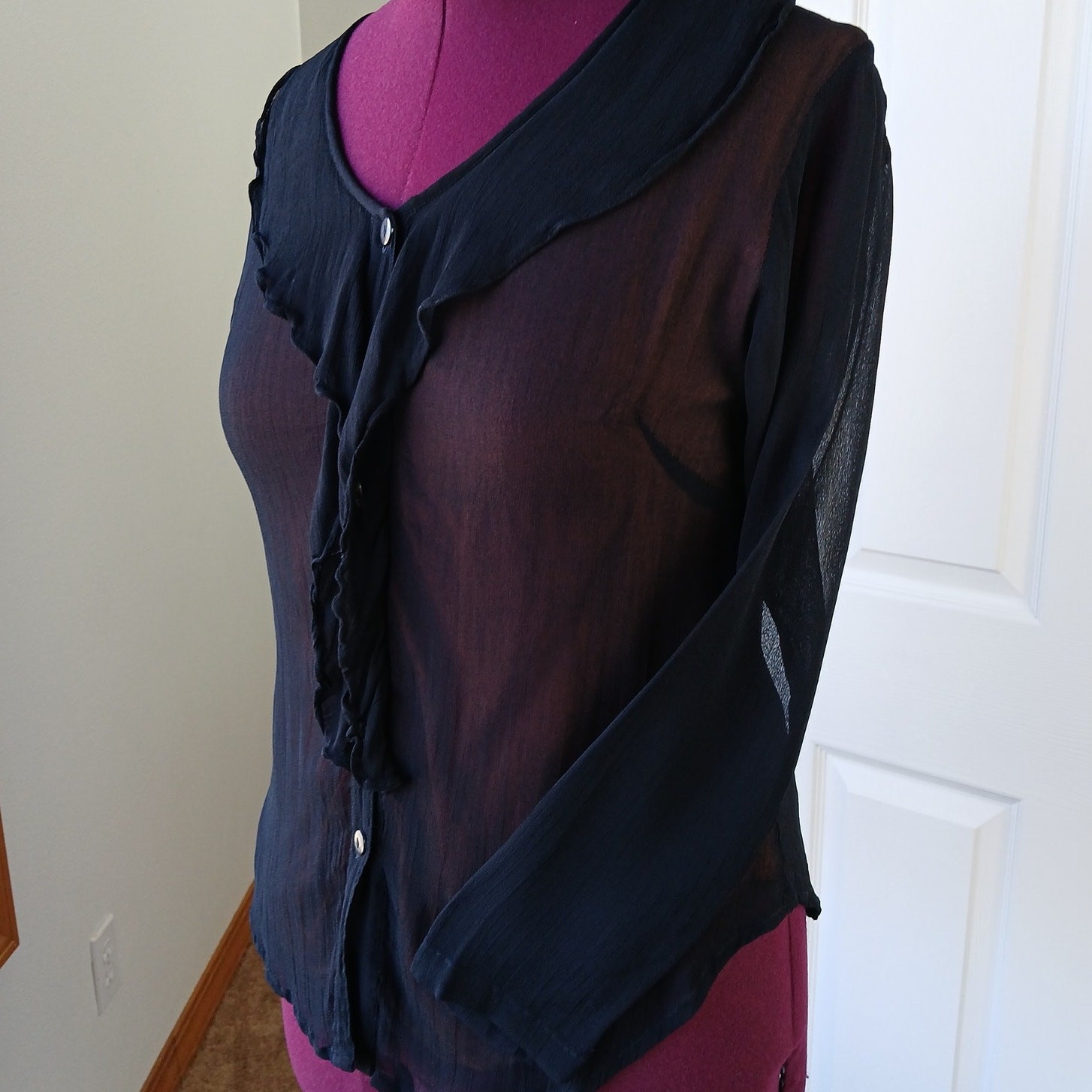 Vintage 90s Phool Ruffle Collar Blouse M sheer black button up orange lining