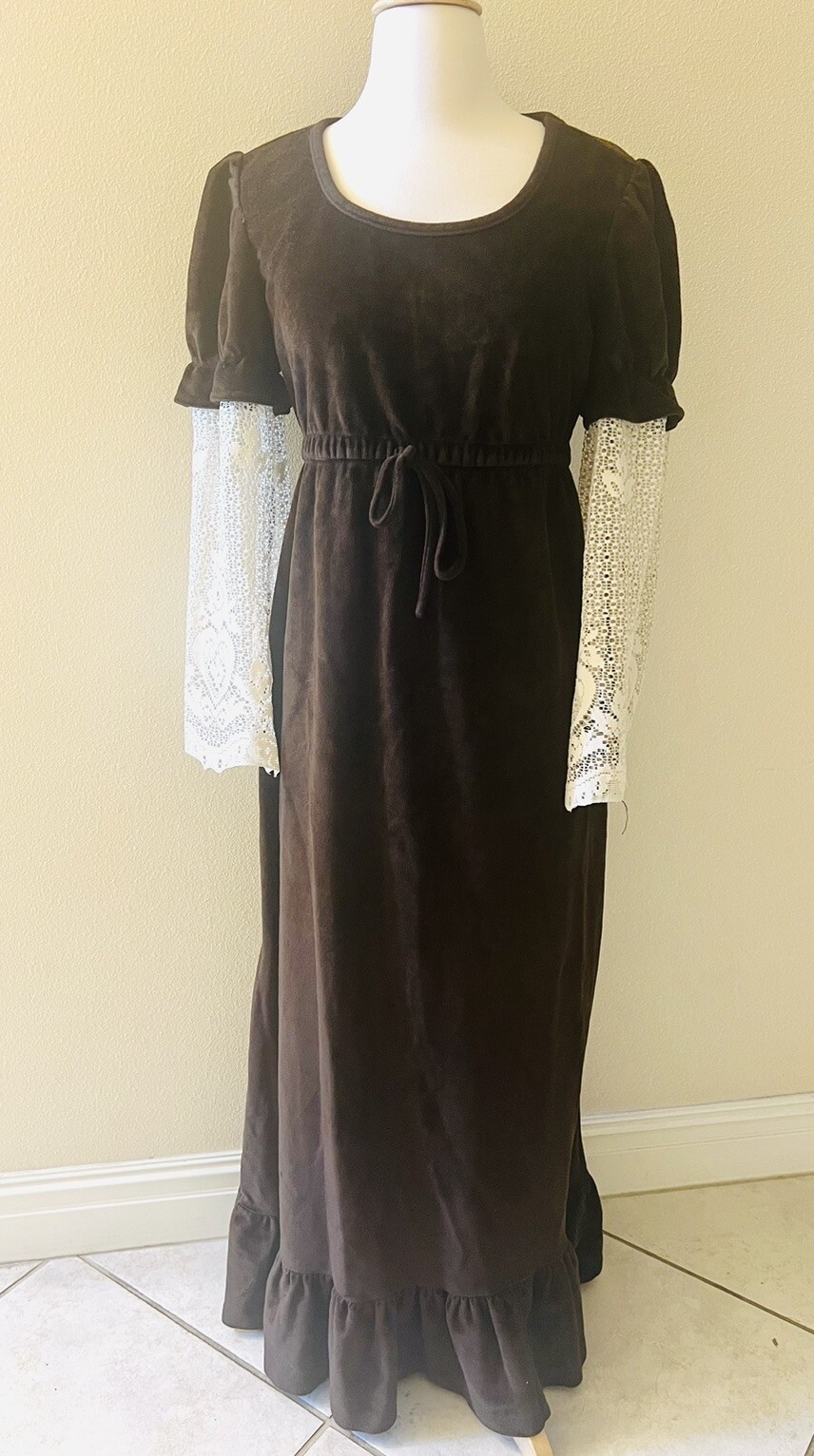 Terry Juniors VTG 70s Cottagecore Maxi Prairie Brown Bell Lace Sleeves Dress