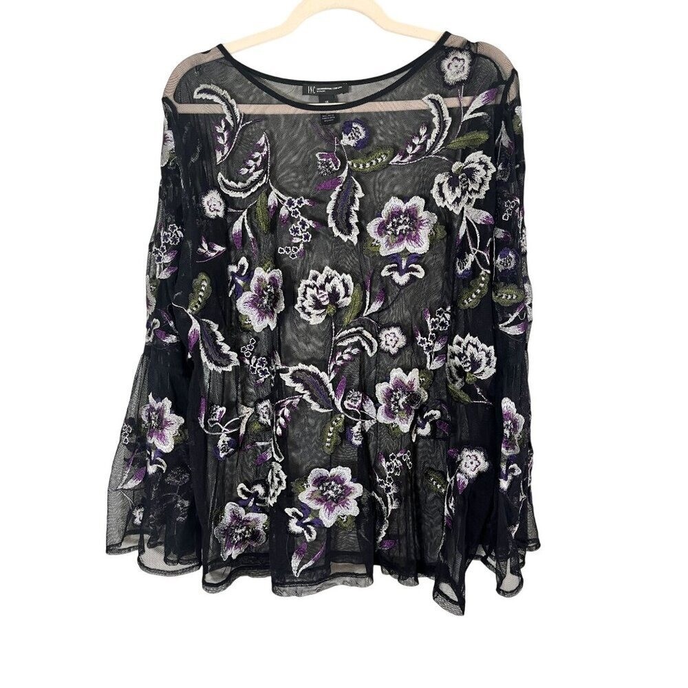 Retro Floral Mesh Top 1X Black Embroidery Classic Chic Romance Preppy Y2K 80s