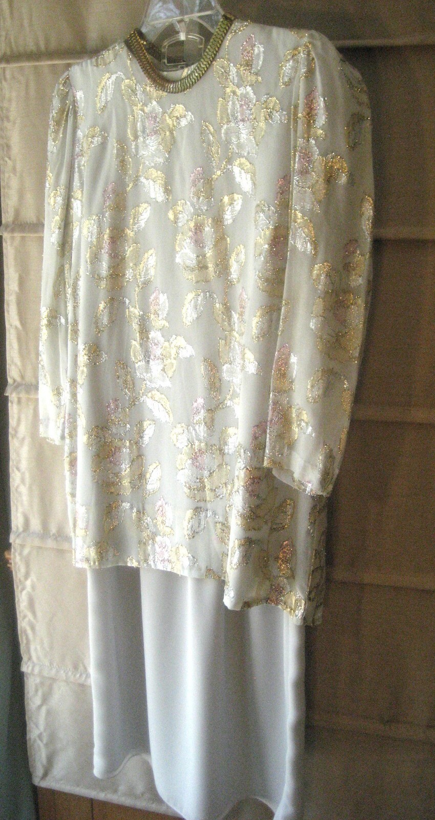 Vintage 1980s Petra Dress Light Grey w/ Silver, Gold, Pink Metallic Threads