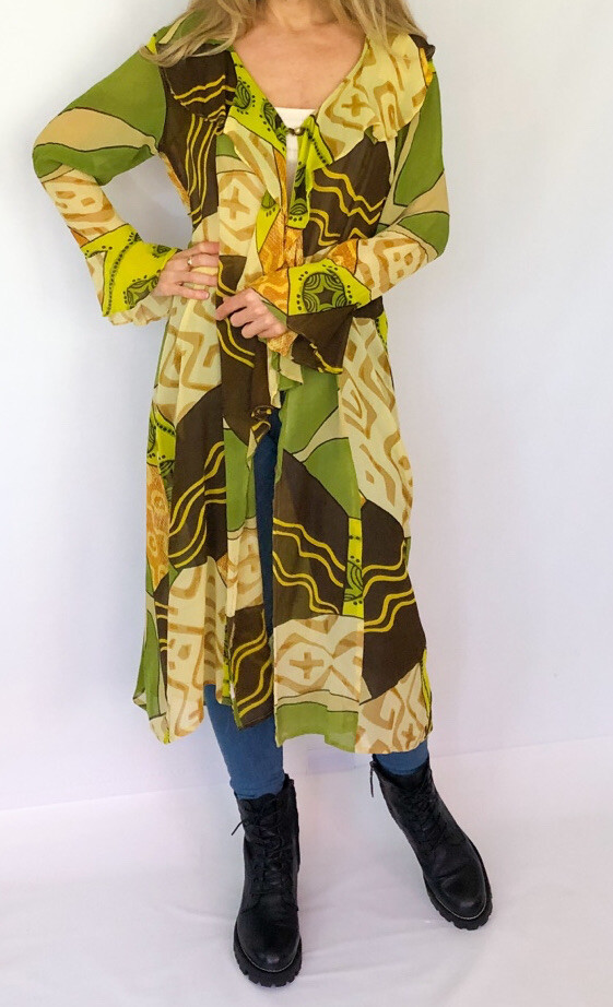 Kimono Duster chiffon maxi cardigan long cover up dress Vintage Sheer Robe SZ L