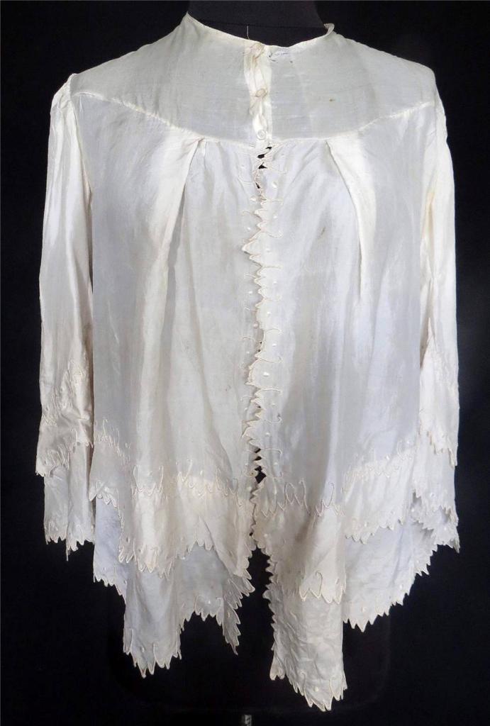 VERY RARE VICTORIAN ANTIQUE FRENCH FINE CREAM SILK HAND EMBROIDERED JACKET SZ L