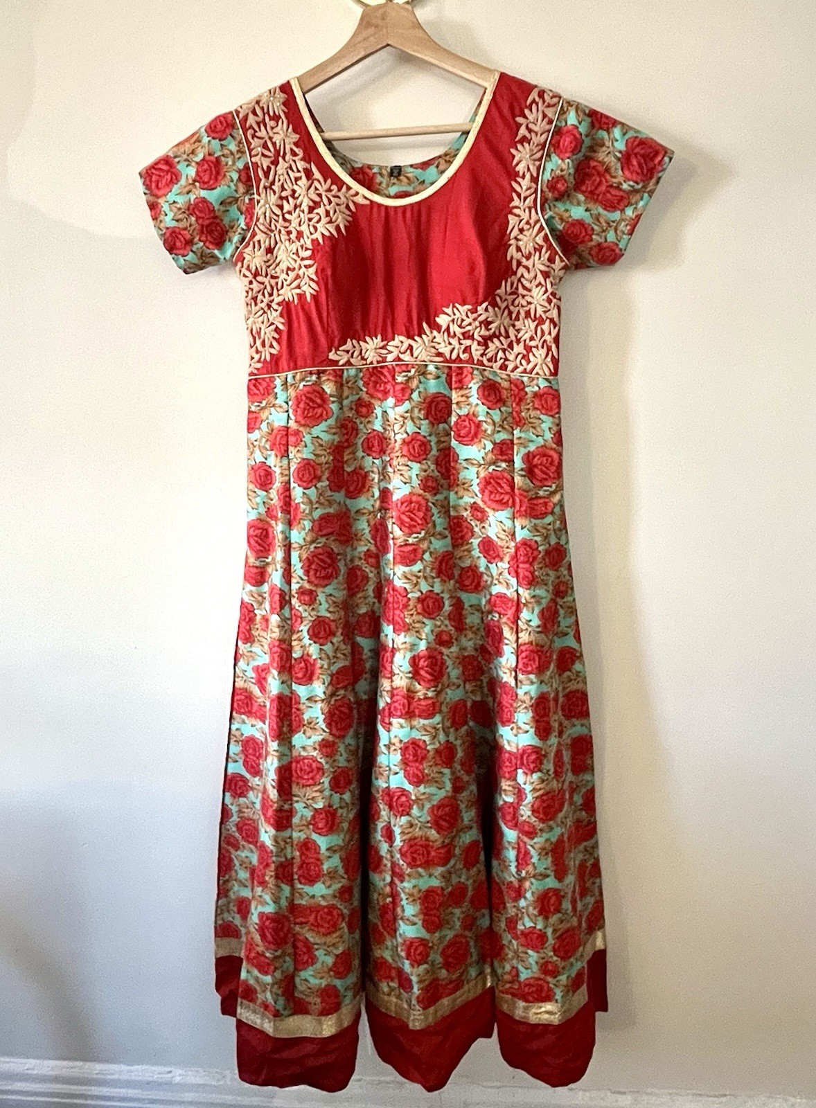 Vintage Indian Cotton Dress Artisan Floral Block Print Embroidered