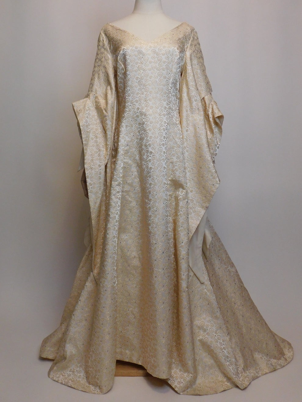 1930s Vintage Spanish Silk Gold Embroidered Medieval Brocade Gown