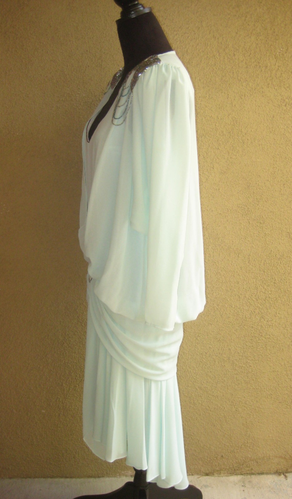 Vintage 1982 Casadei Eletra chiffon dropwaist bead padded shoulder party dress