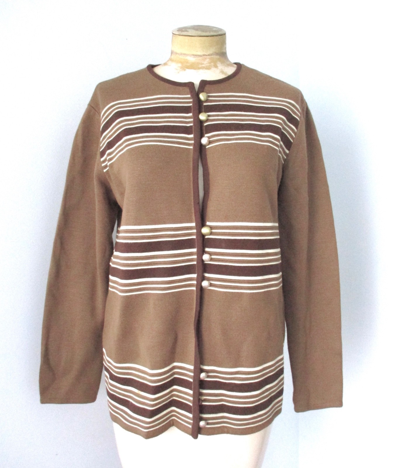 Vtg 60s mod Gina Teresa brown stripe wool acrylic knit button jacket M