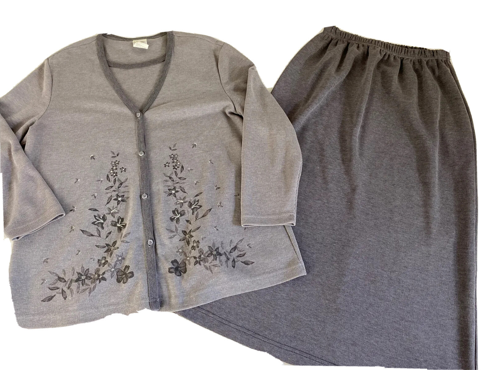 VTG 80s LINKS M Floral Top Skirt 2pc Set Gray Embroidered Cottagecore USA 90s