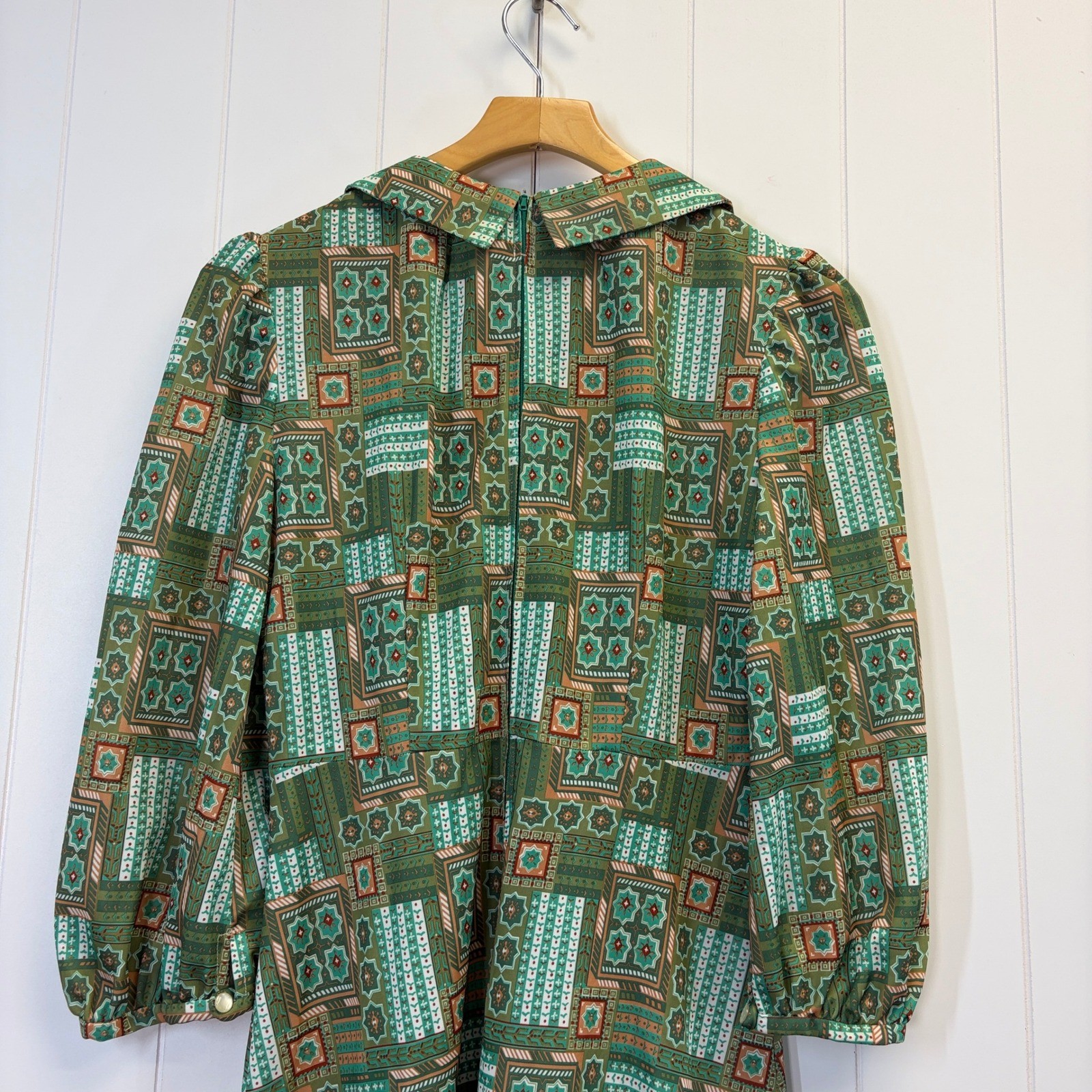 Retro Handmade Mosaic Midi Dress Womens M Green Psychedelic Mod Twee 70s Vibes