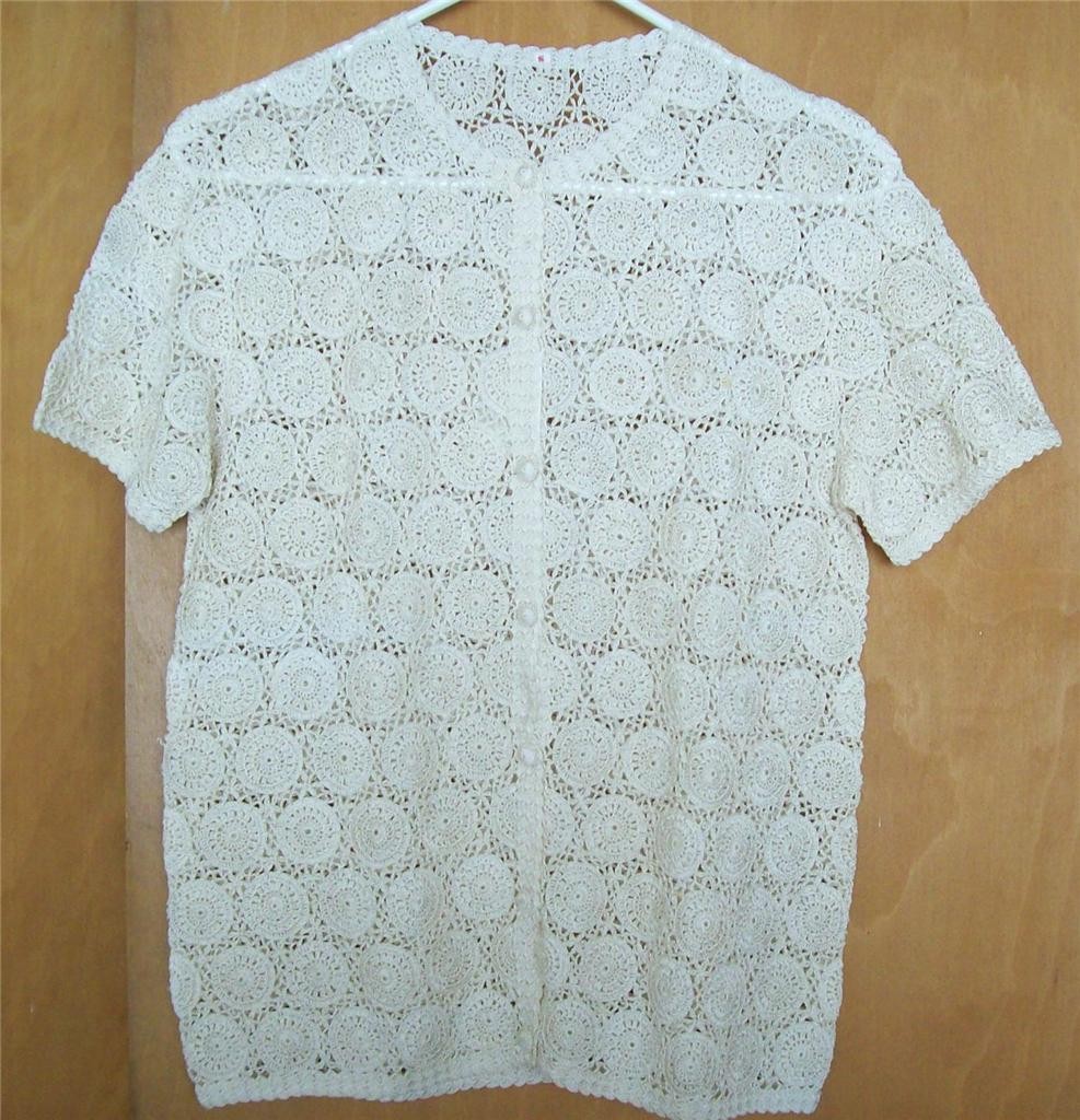 Vintage Handmade Cream Cotton Crochet Lace Cardigan Small