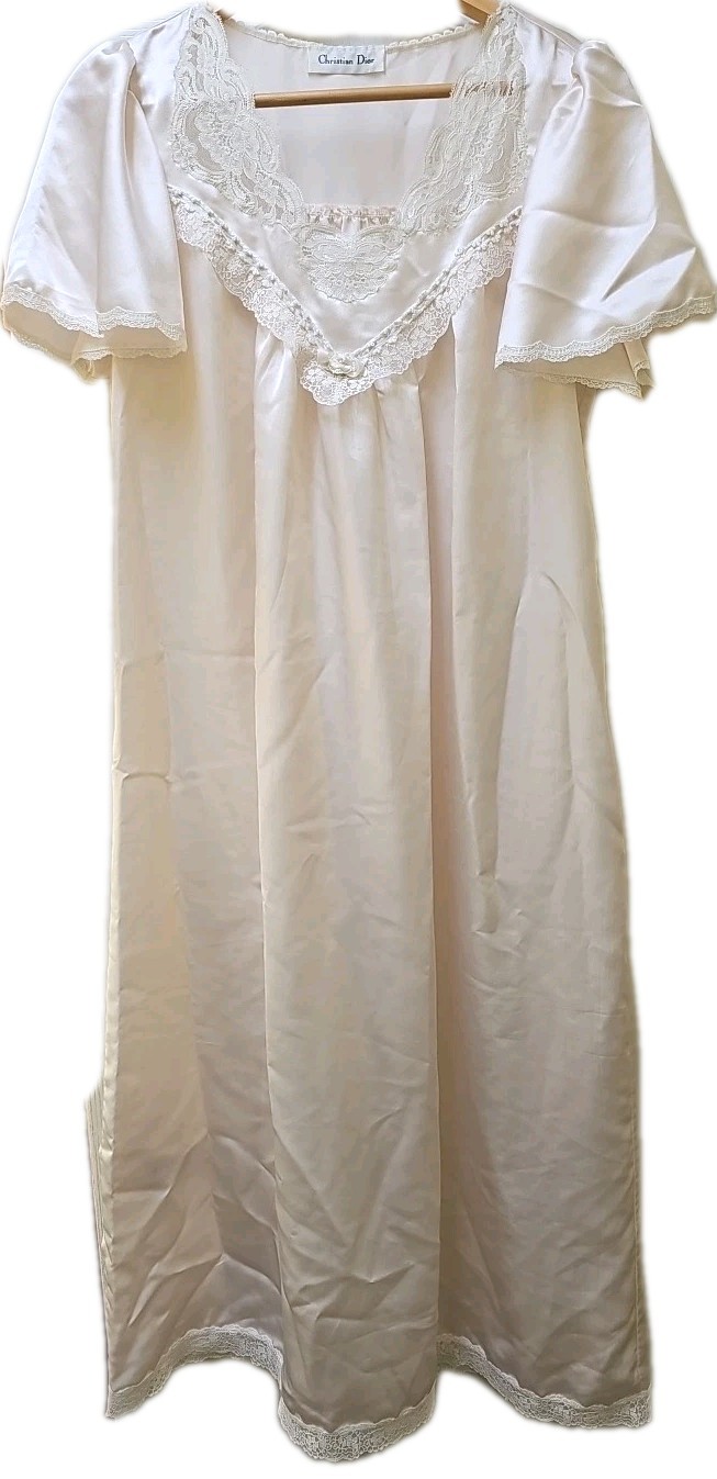 Vtg Christian Dior Silky Poly Satin Long Gown Ivory Pink Lace Detail ?Medium?