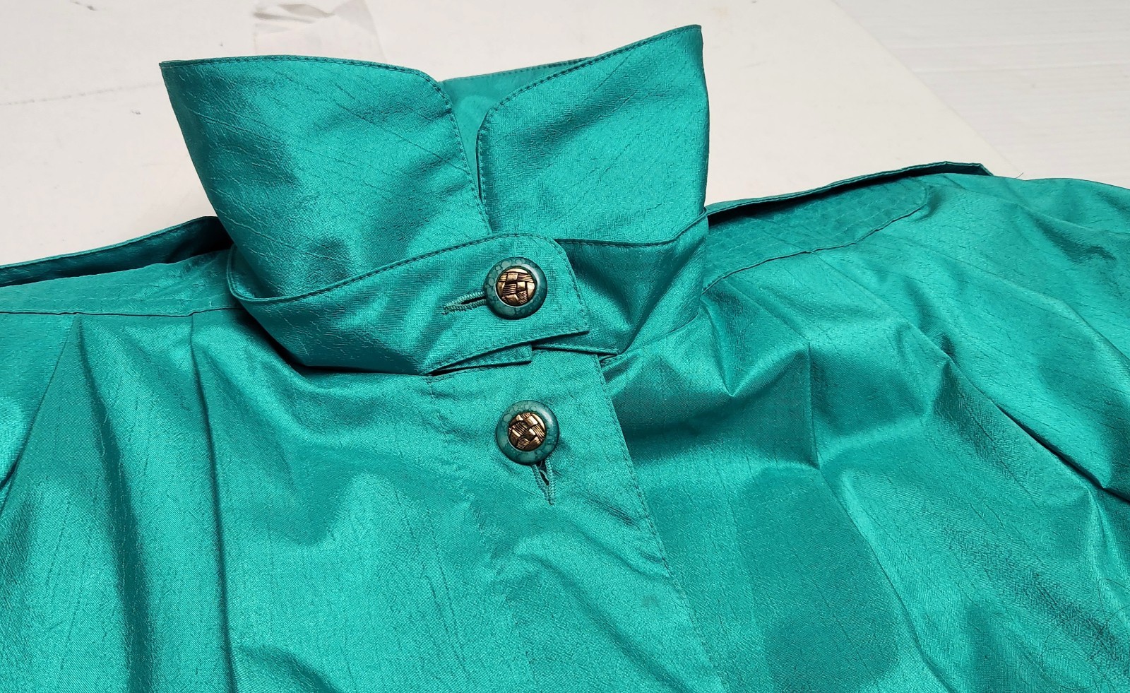 Vintage 80s British Mist Women’s Shiny Teal Rain/Trench Coat 9/10 Petite VG