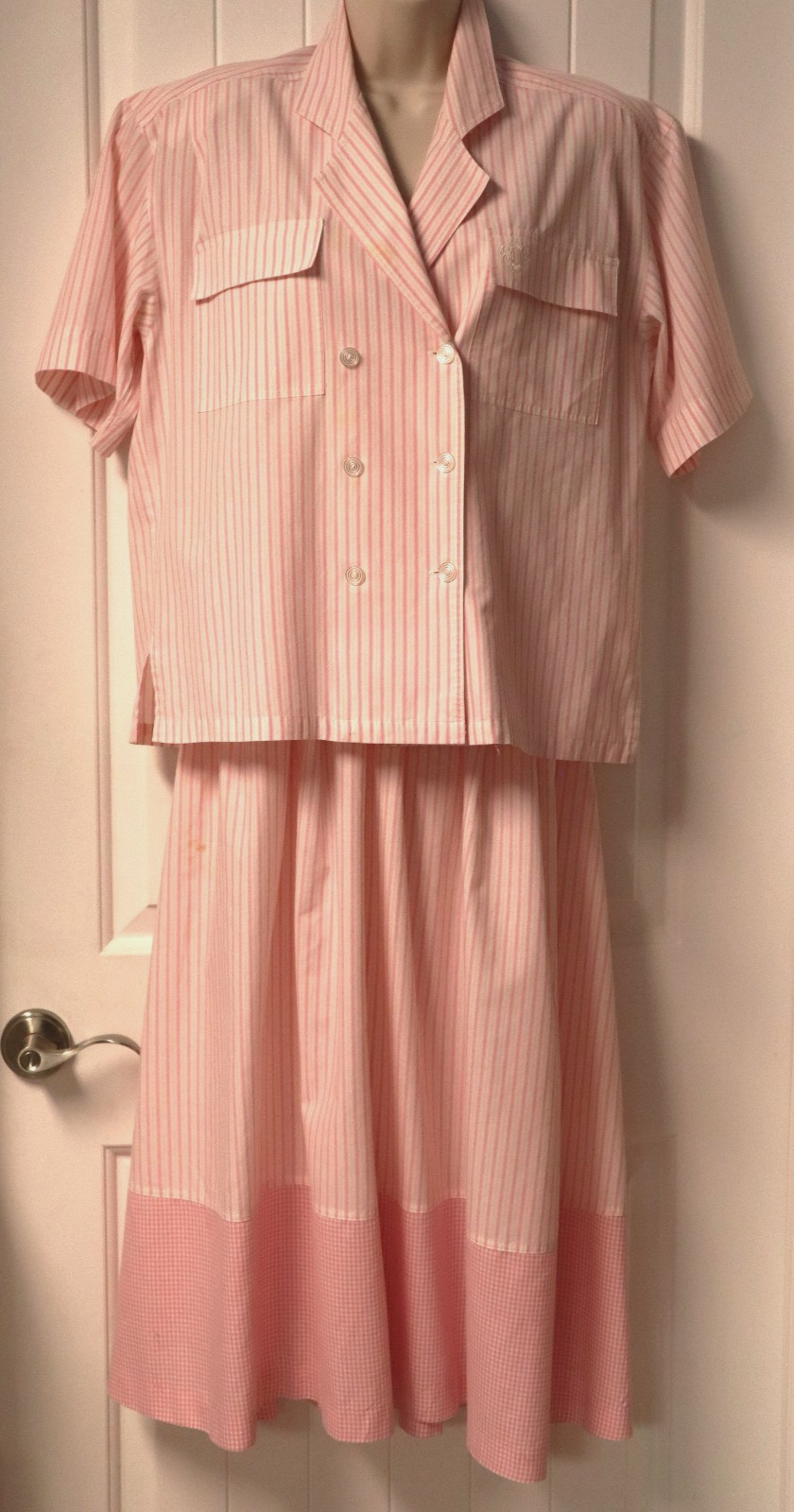 Vintage 1980s JOSEPHINE short sleeve white pink striped blazer & skirt set 6