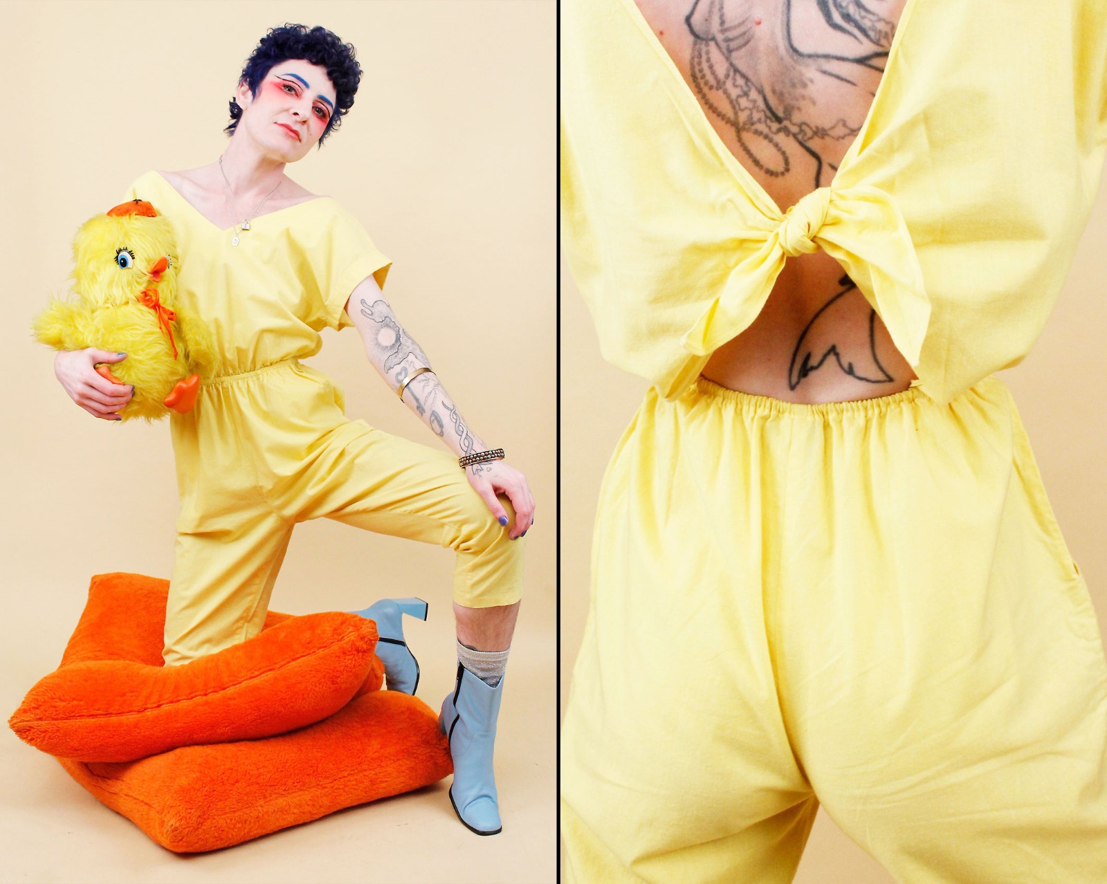 80s Vtg Canary Yellow Cotton Jumpsuit Pantsuit Open Tie Back Petite Sm B34-36