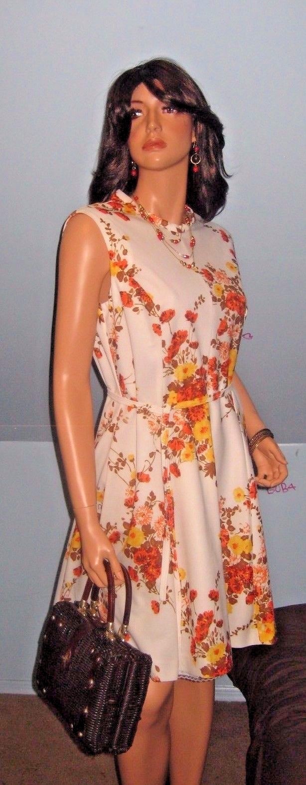 VINTAGE~60’S~ORANGE~YELLOW~FLORAL BOUQUET~MOD FIT & FLARE DRESS SZ L/ XL!