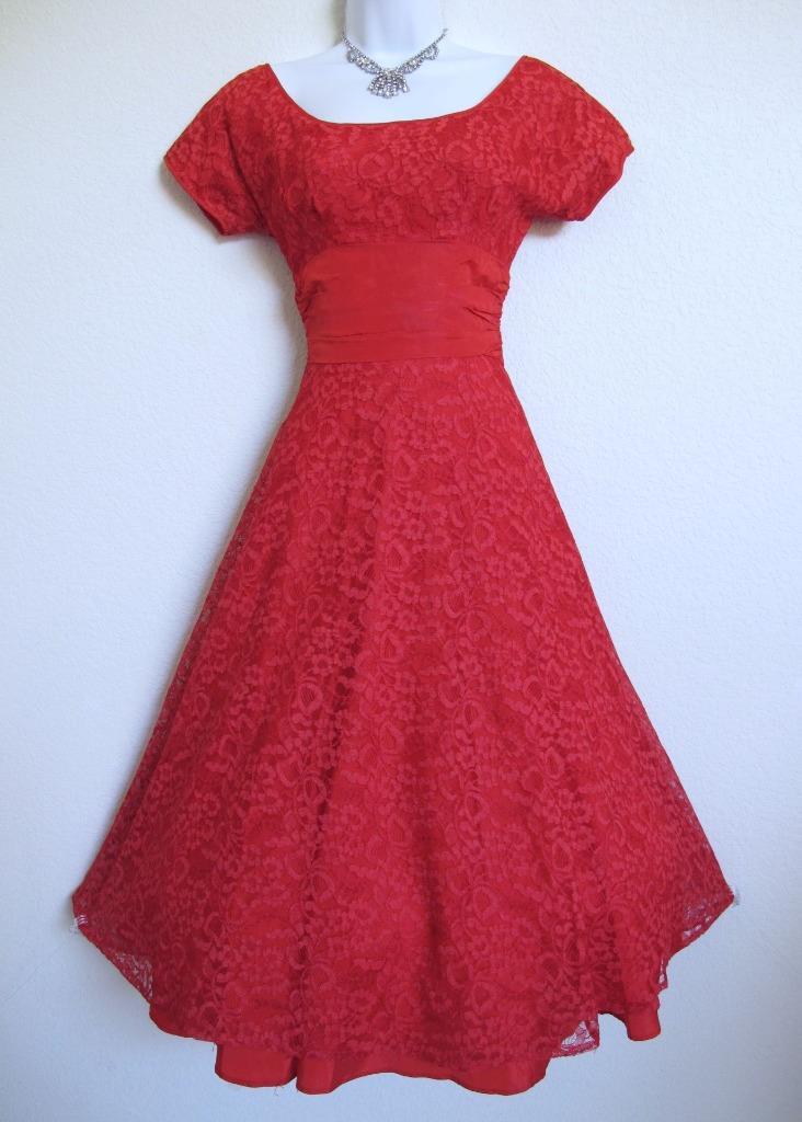 Vintage 50s Valentine Red Lace Party Dress XXS Full Skirt Bustle Back Wasp Waist