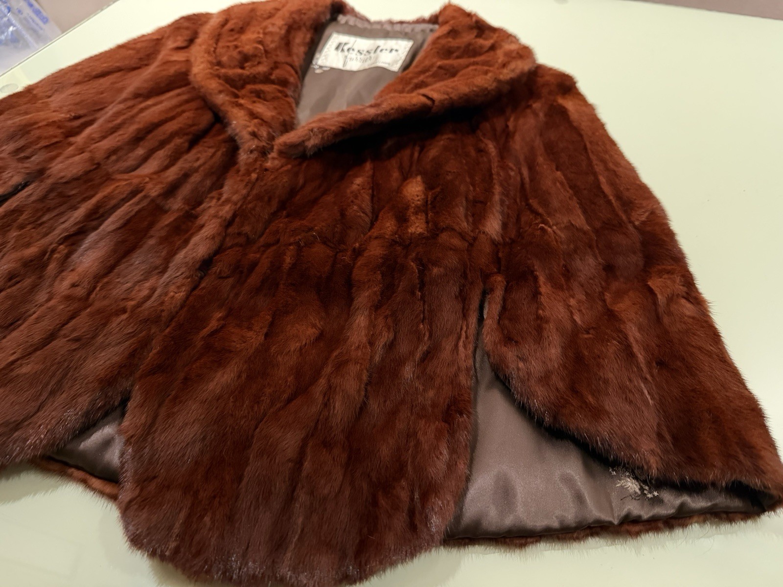 Vintage KESSLER Furrier St Louis Dyed Dark Red Mink Fur Shawl Collar CAPE PONCHO