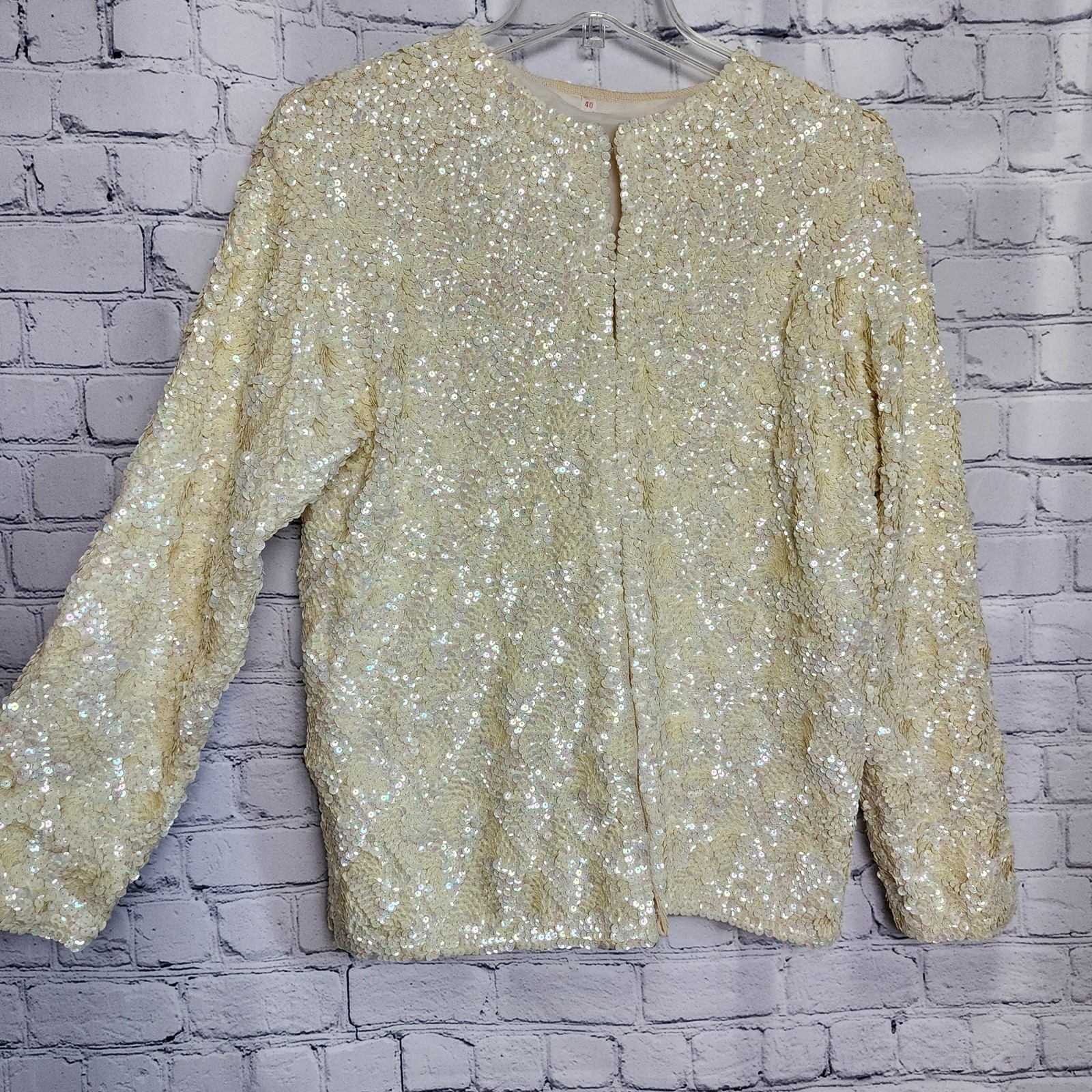 Vintage 60s Iridescent Gold Beige Sequin Jacket Bridal Formal Large Size 40