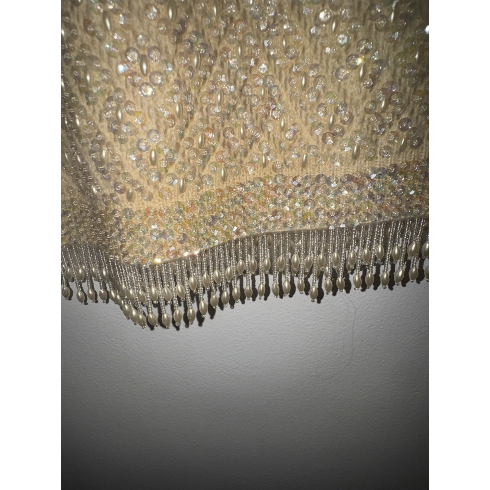 Vintage Beaded Sequin Knit Tank Top Cream Champagne Pearl Fringe Shell L