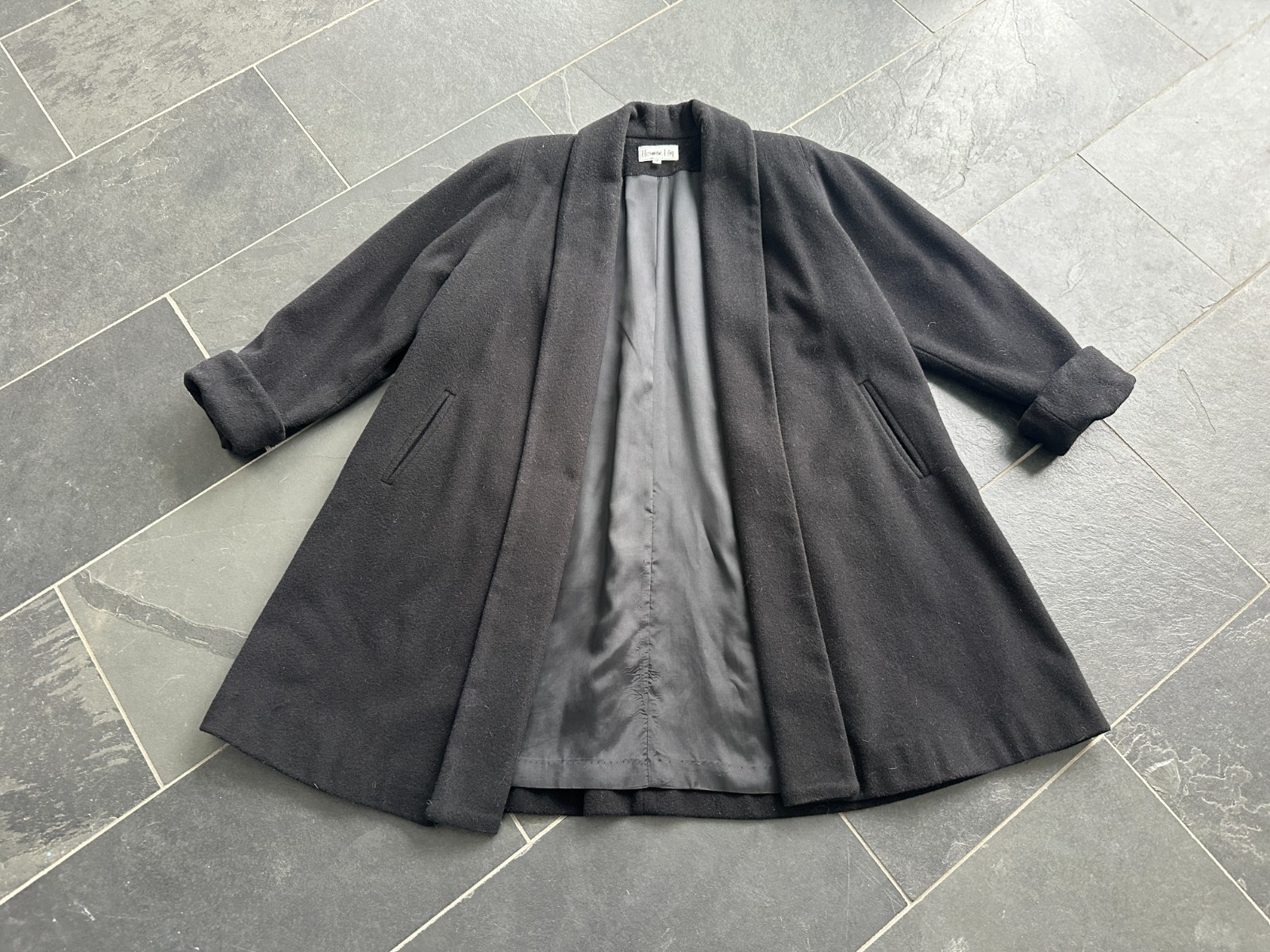 Vintage 1980s Black Wool Blend Open Front Swing Coat Herman Kay