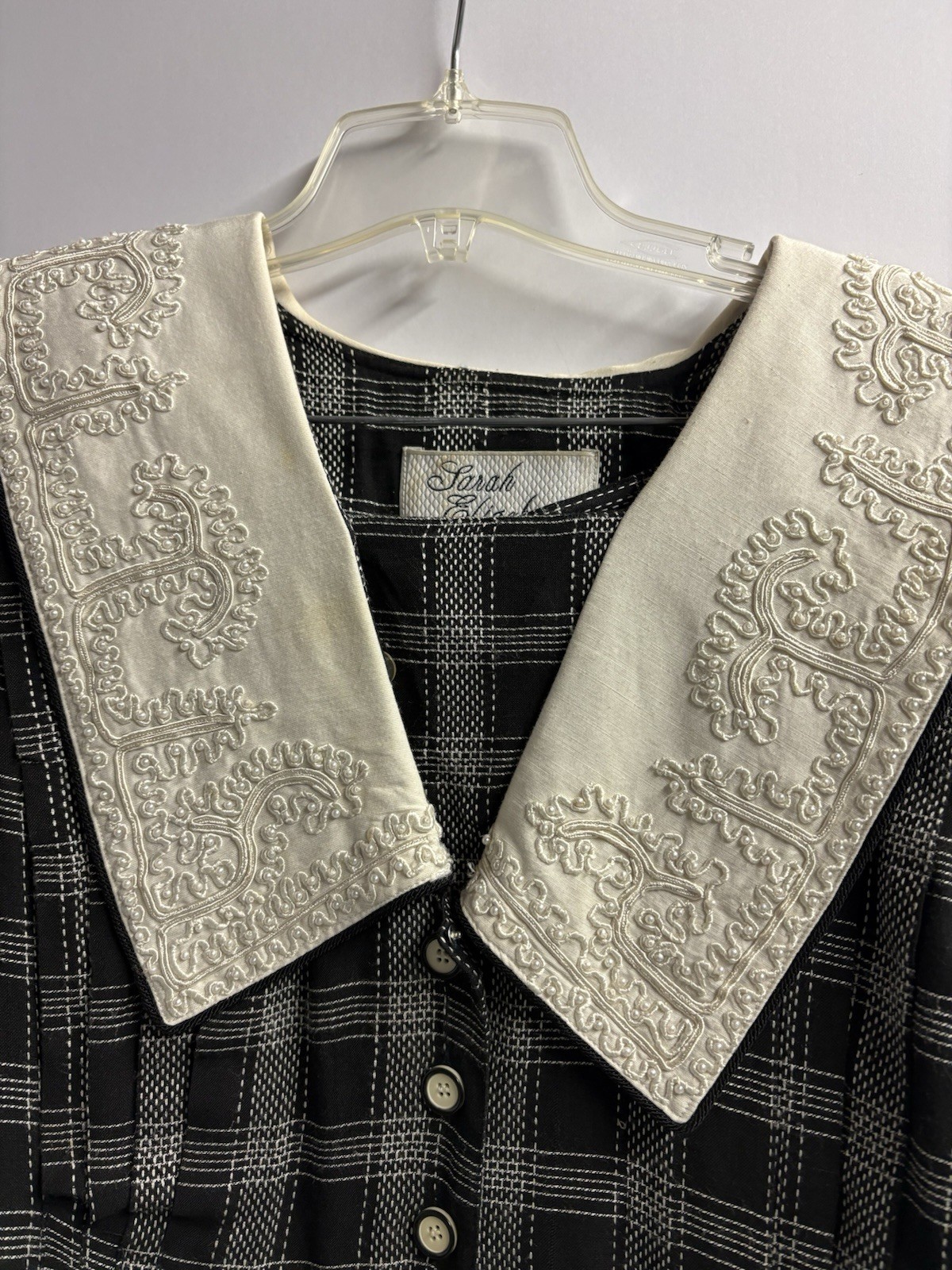 Vtg. Sarah Elizabeth Prairie 2pc Dress Embroidered Collar Sz.12 Rayon Blk& White