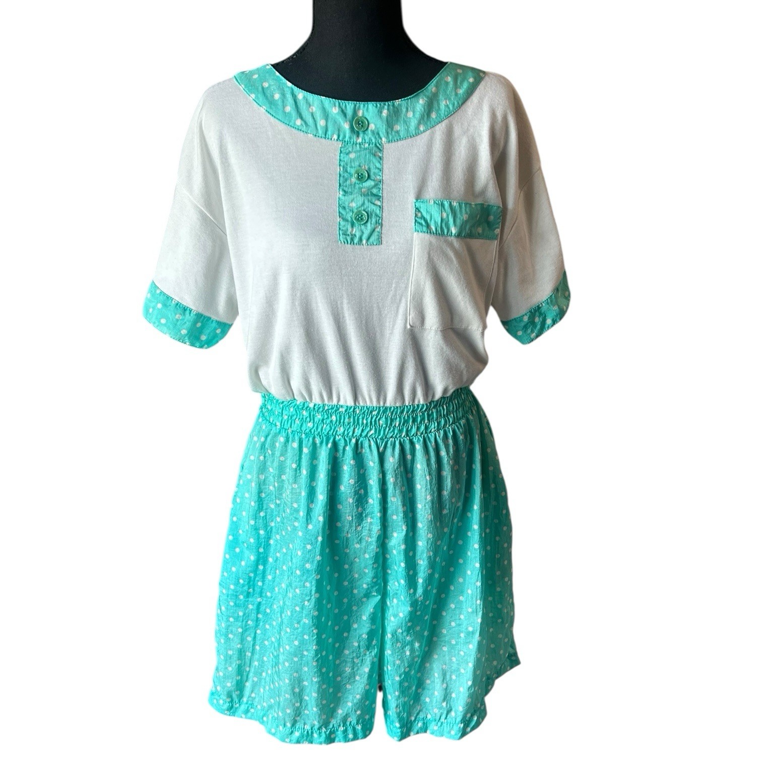 Vintage 80s Adolfo Sport Polka Dot Romper & Windbreaker Set Size L Teal