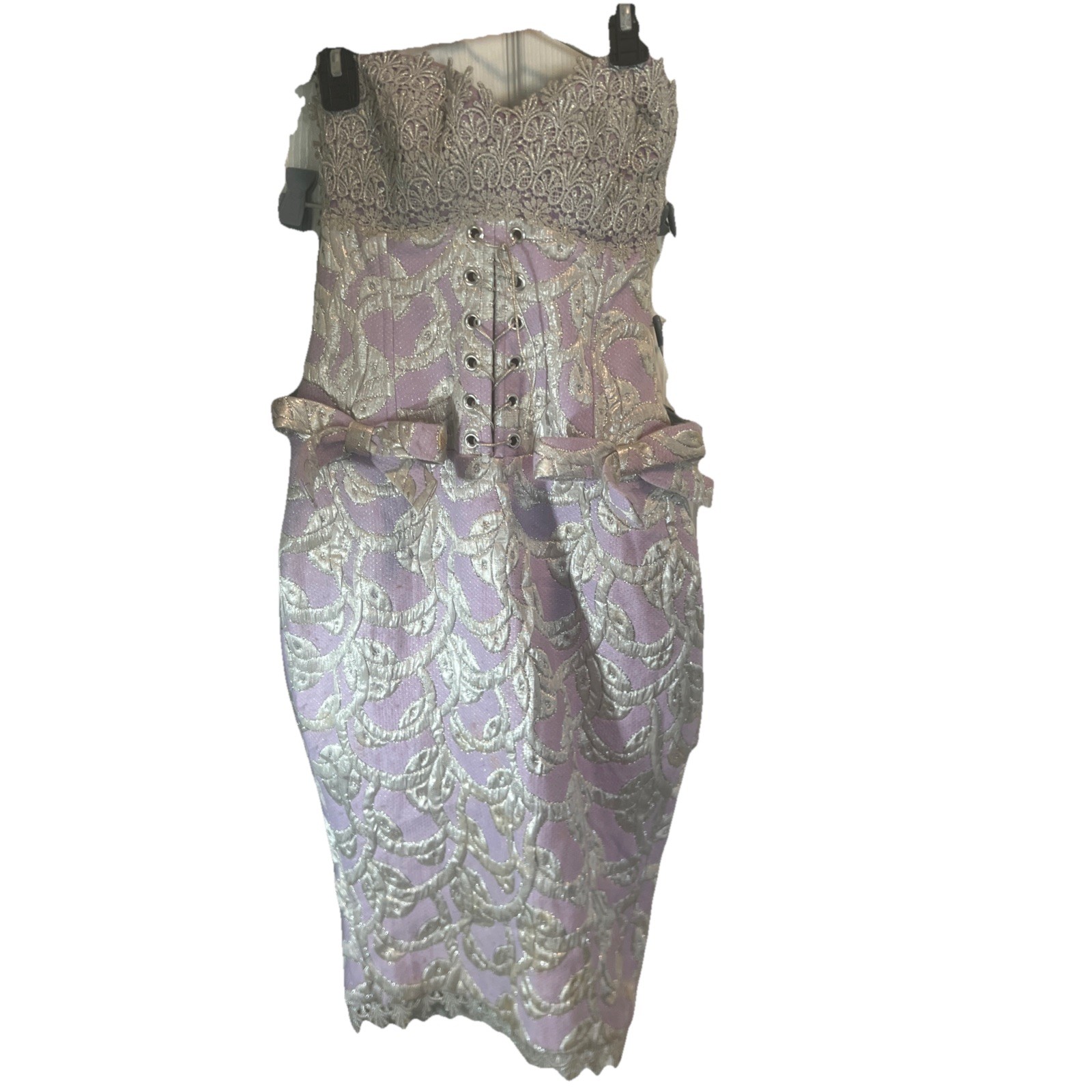 80s Lavender & Silver Brocade Corset Dress Lace Up Back Peplum Bows Detailed