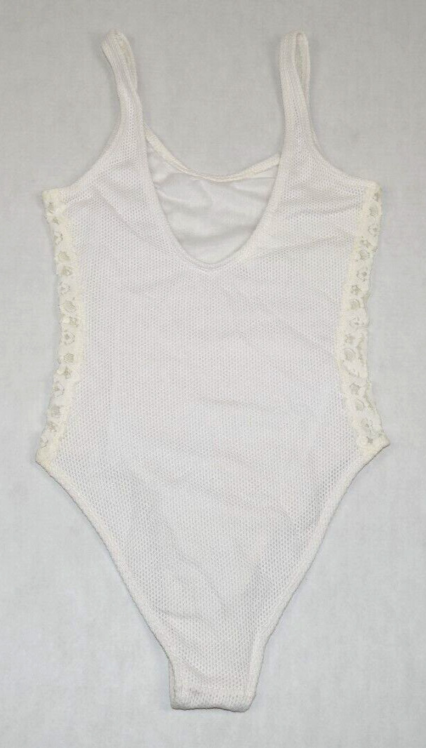 Vintage Swimsuit Leotard Size S/M 80s Krystal K White Textured Lace Side Stripes
