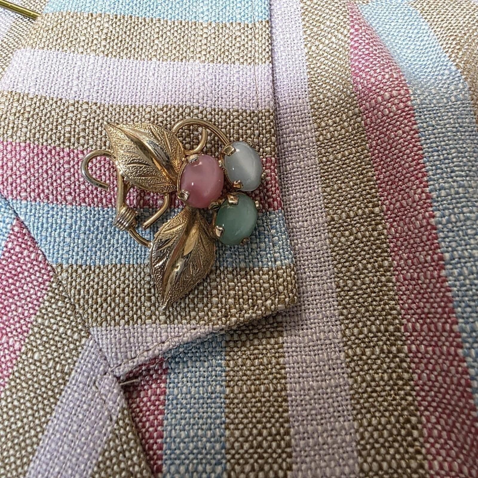 Blazer Jacket Size 12 Queens Way Fashion Pastel Striped Japan Moonstone Brooch