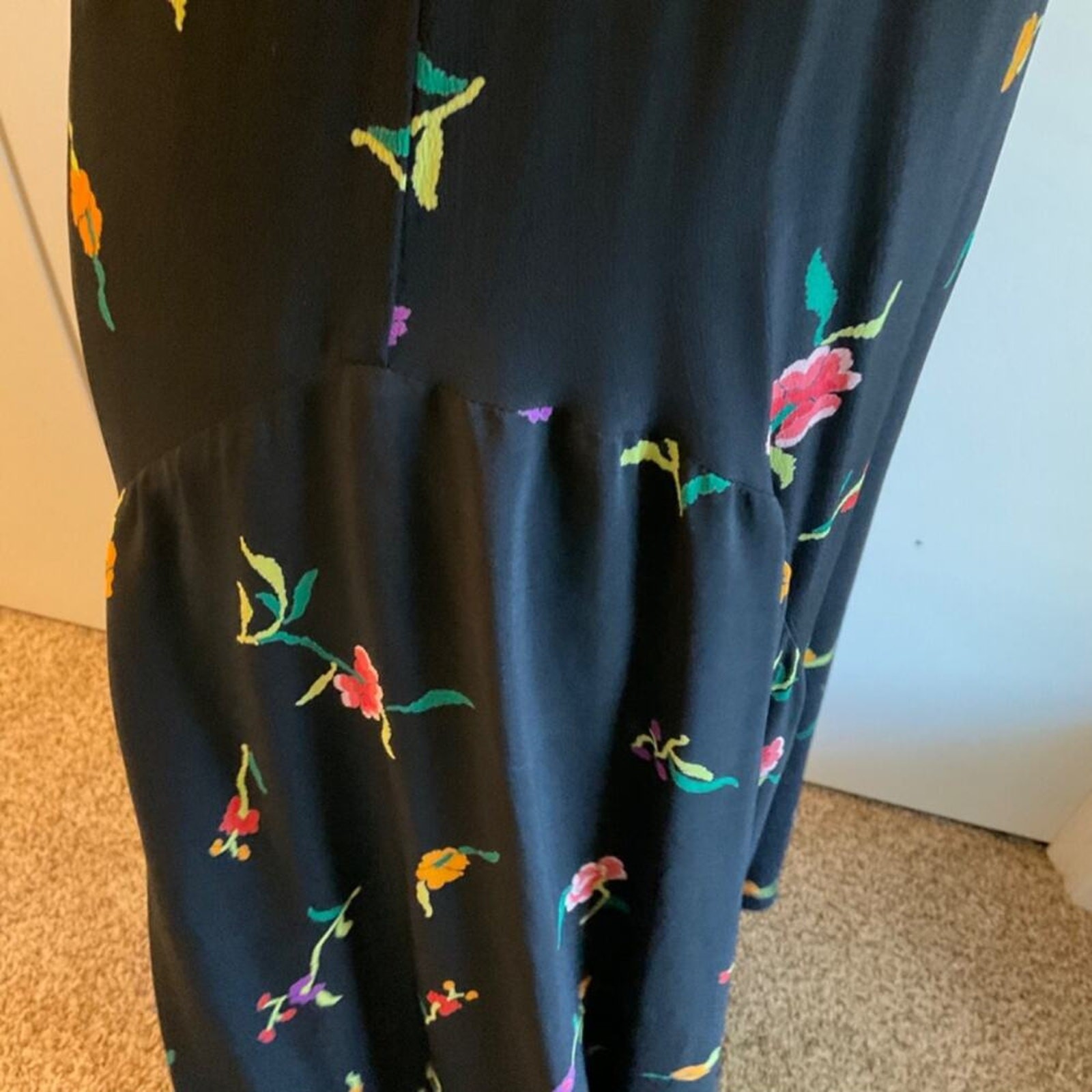 Vintage 80’s Norma Kamali Designer black floral racer back tank maxi midi dress