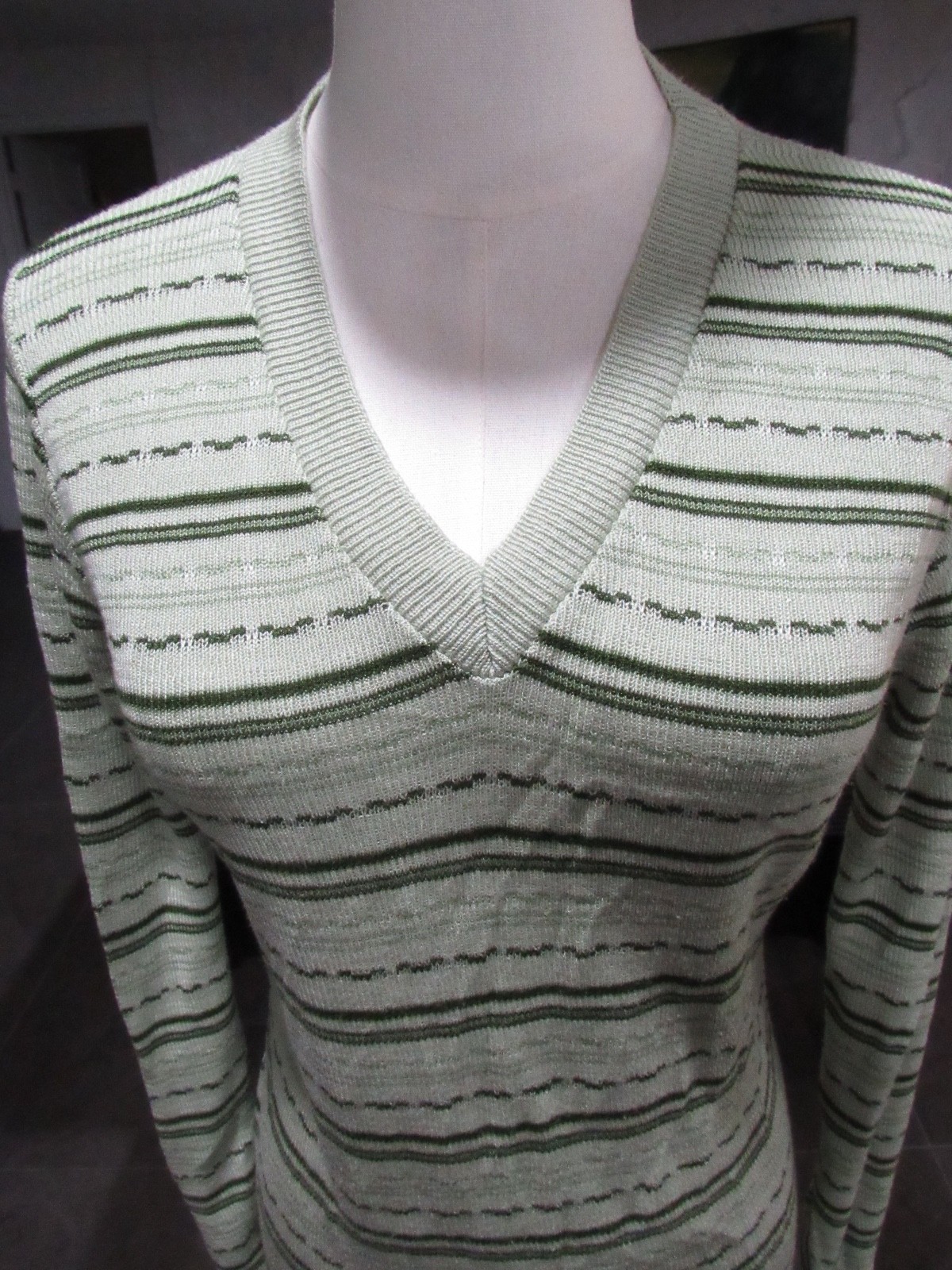 VTG 70s 90s Y2K Top Green Striped Disco V Neck Grunge Hippie Boho M SWEATER mod