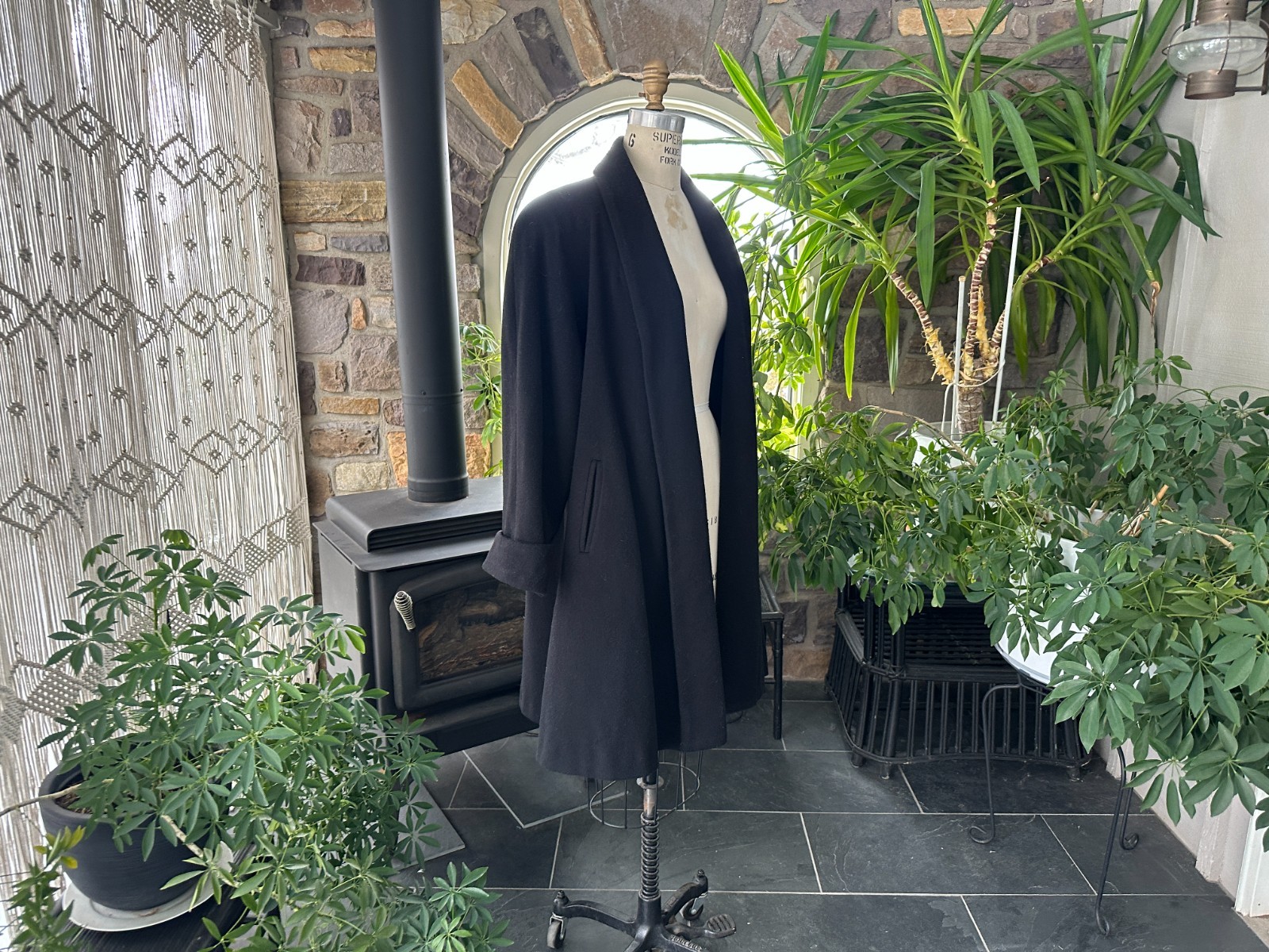 Vintage 1980s Black Wool Blend Open Front Swing Coat Herman Kay
