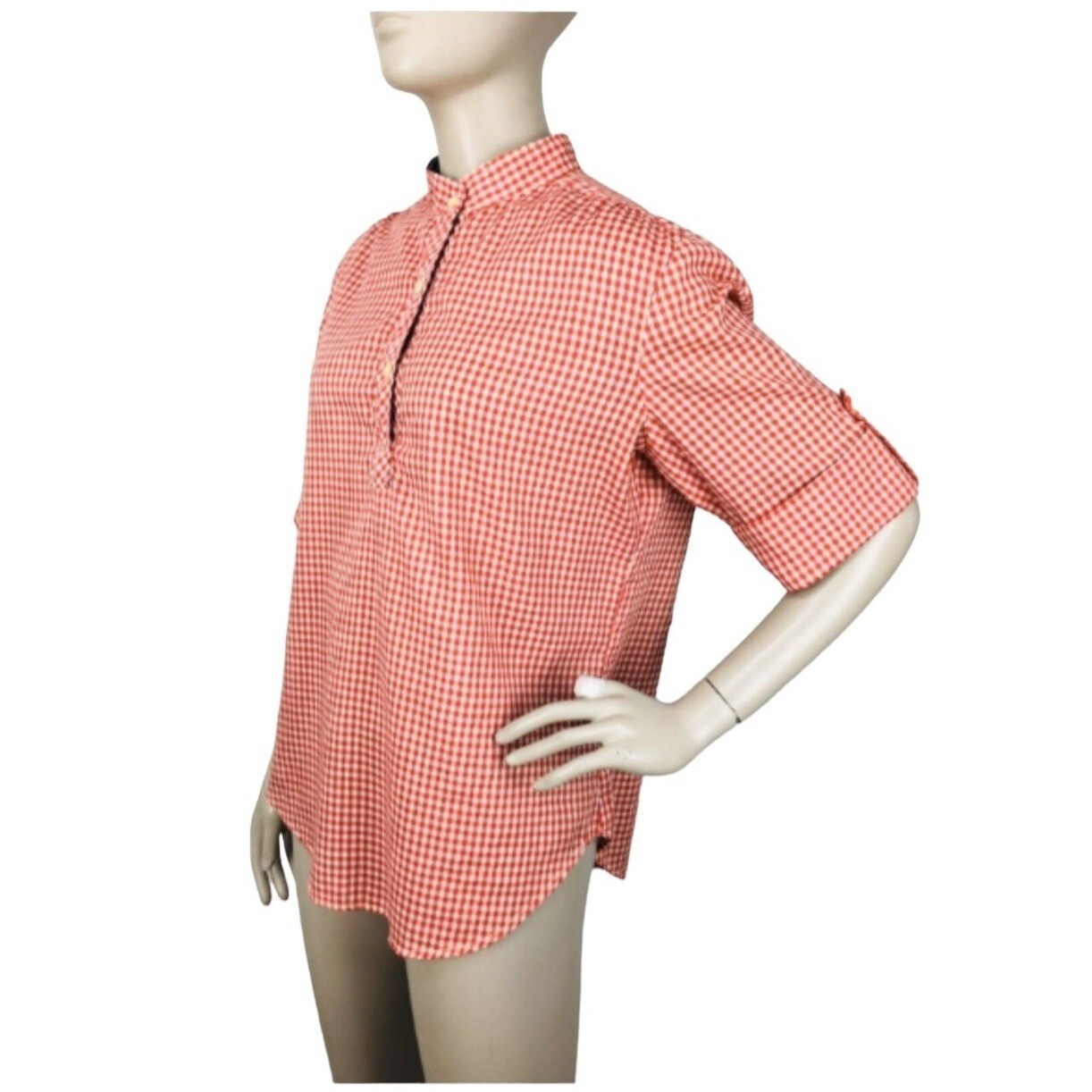 Ms Paquette Vintage 70s Western Farmhouse Check Pullover Roll-Tab Sleeve Top