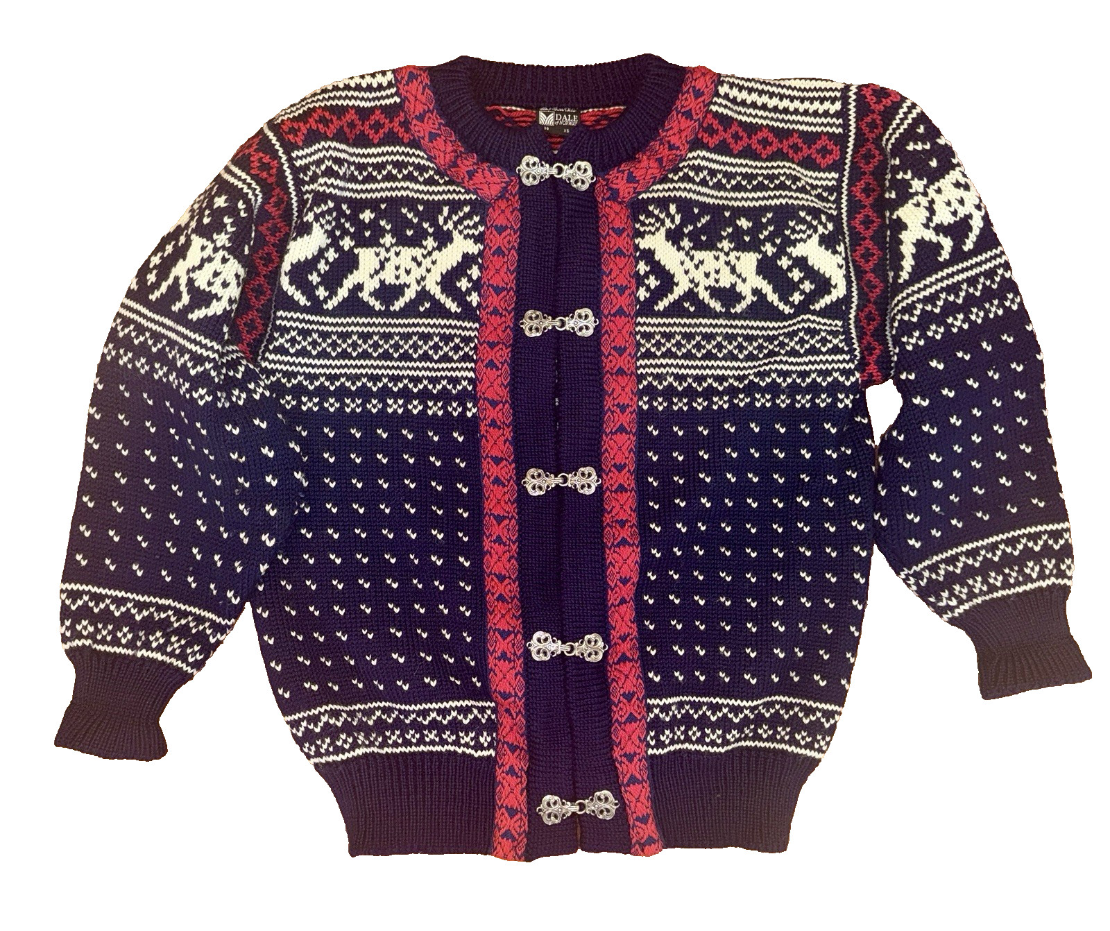 Vtg DALE of NORWAY Nordic SWEATER 100% Wool 1970s Sz 38 S Buckles CARDIGAN Cabin