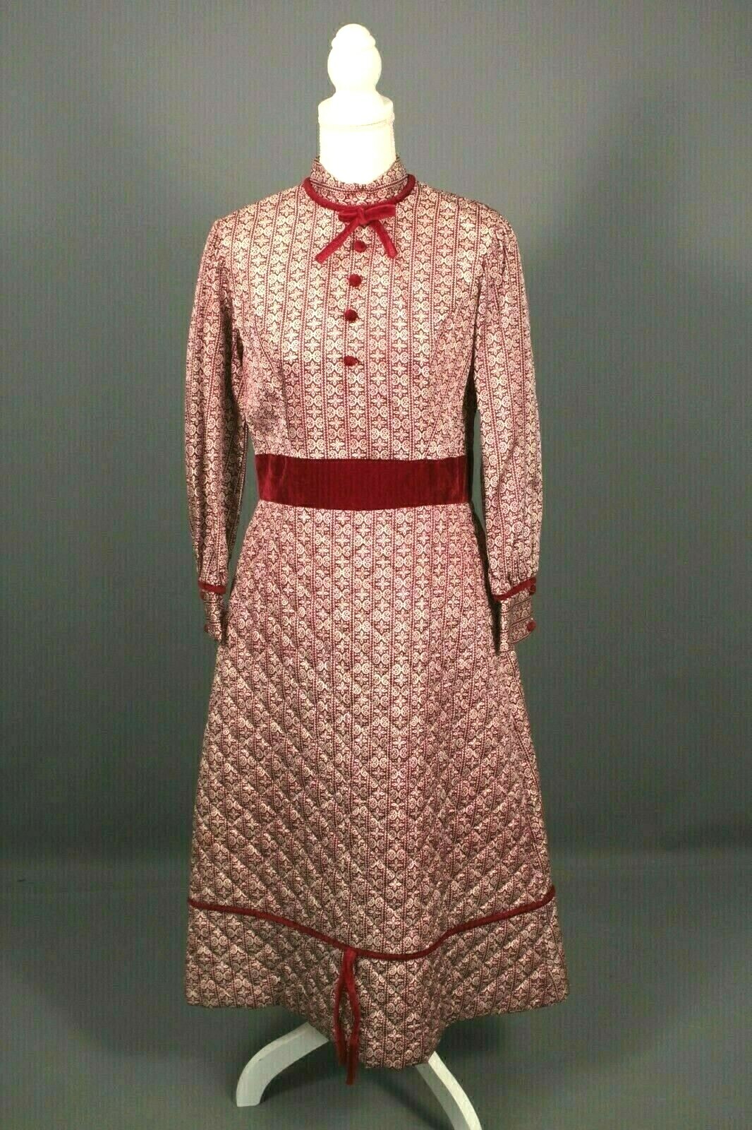 Vtg 60s Maxi Dress W/ Quilted Skirt And Velvet Accents 1960s Long