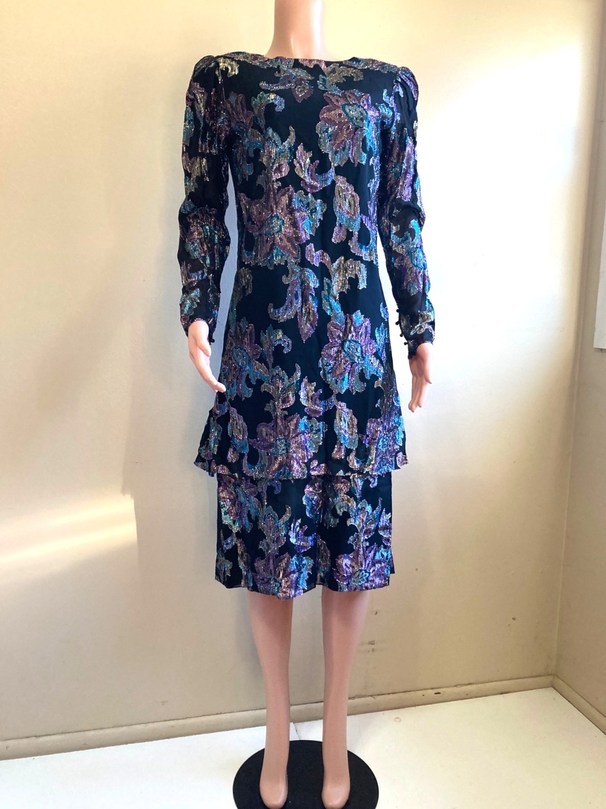 Vintage 80s Retro Flapper Midi Dress M Ursula Switzerland Iridescent Lurex Black
