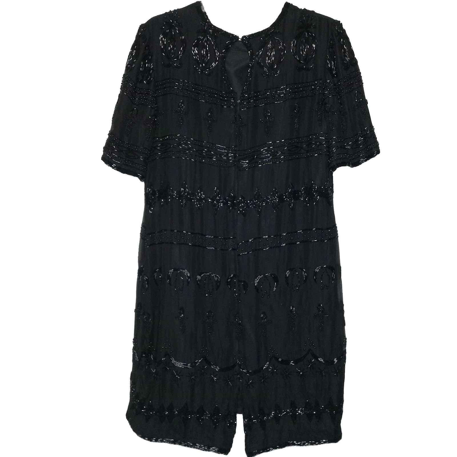 VTG Nite Waves Black Beaded Silk Dress Womens Sz M/L Cocktail Flapper Gatsby 80s