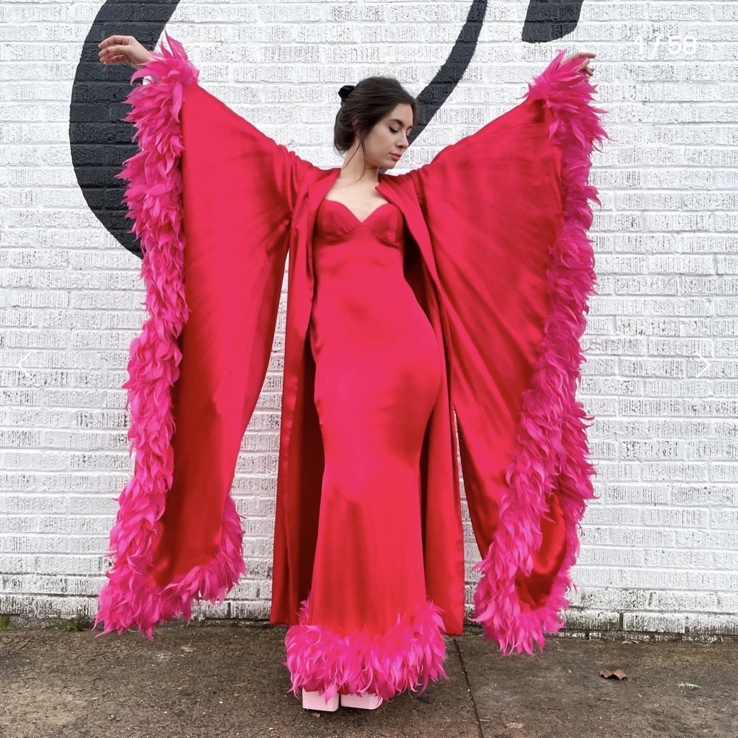 VTG 1960’s Hot Pink Satin Feathered Angel Wing Coat & Gown Set, One Of A Kind