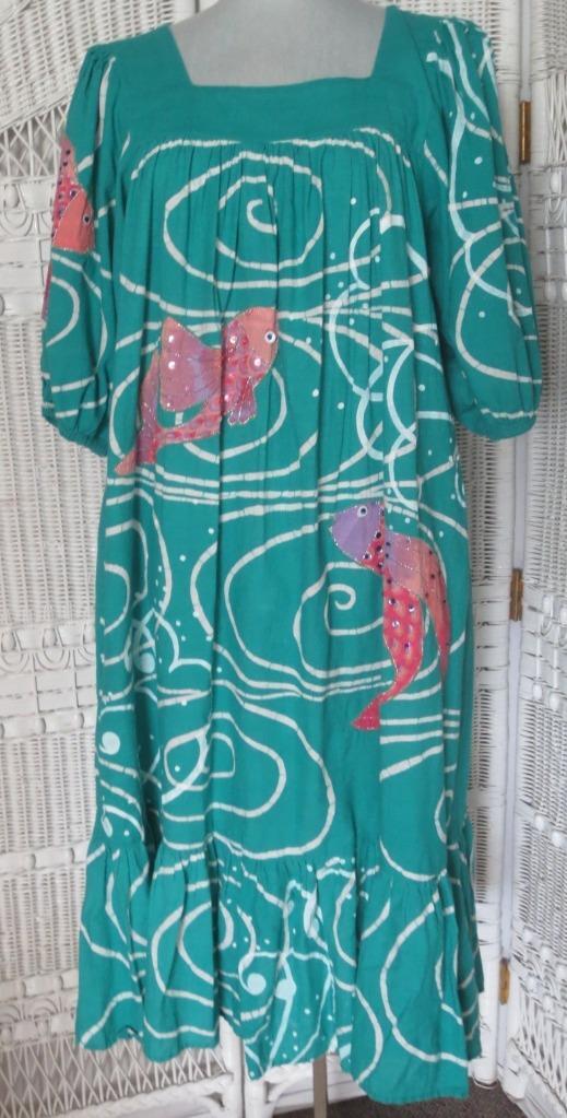 Vtg 70s Ramona Rull Undersea Koi Fish Summer Frock Dress One Size Boho Festival