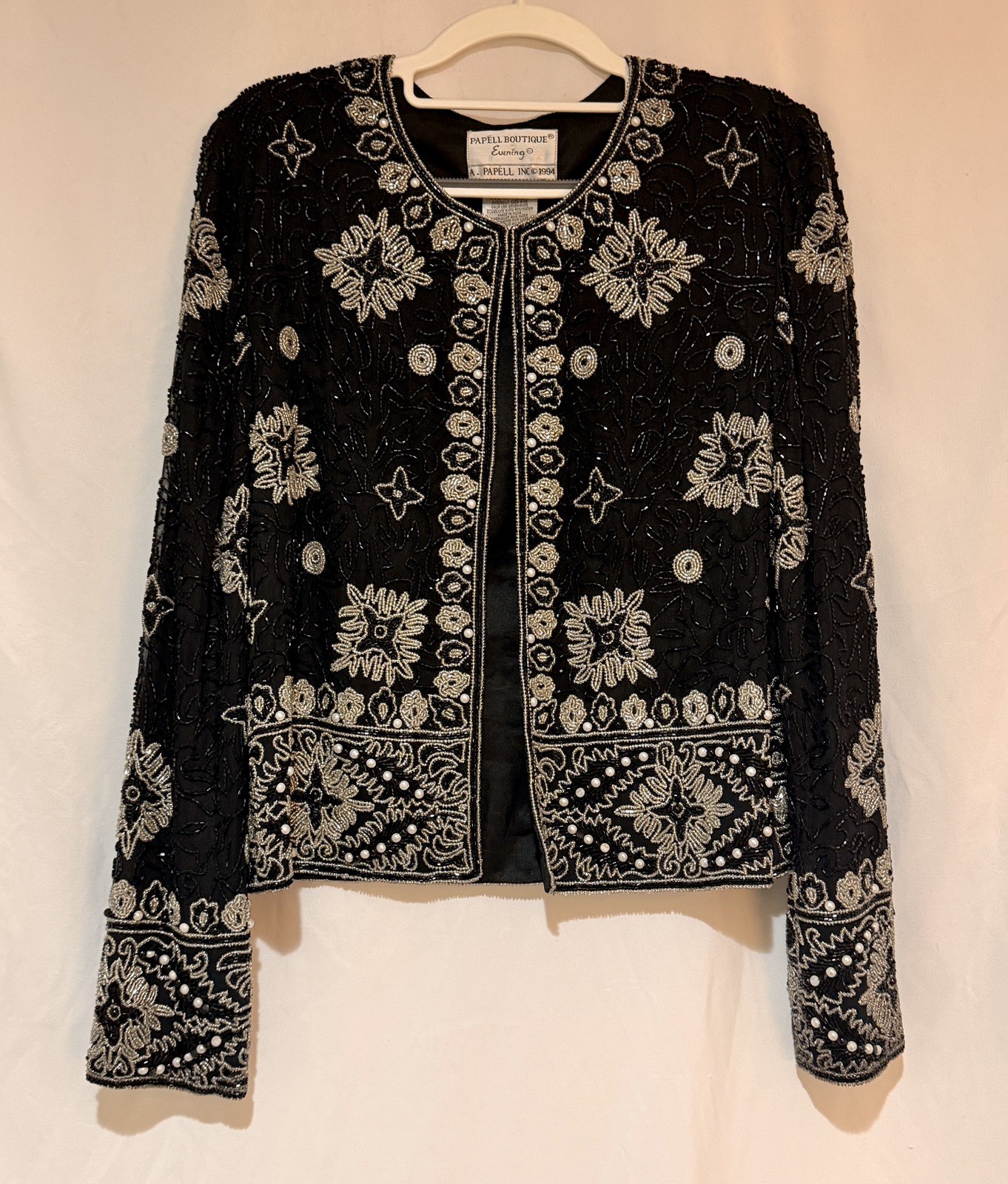 Vintage Papell Boutique Silk Beaded Black & Silver Evening Jacket Size L Classy