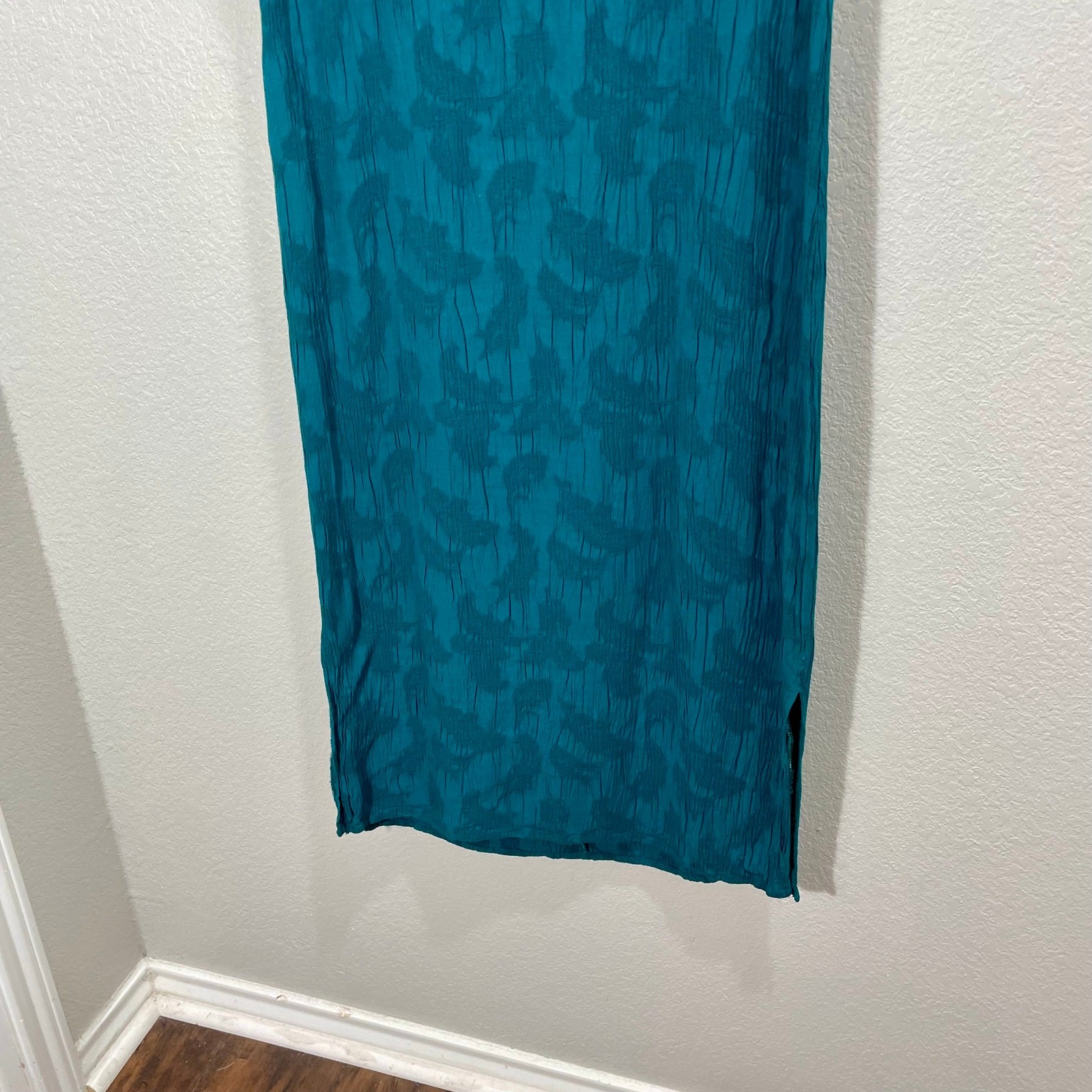 Vintage 1990s Molly Malloy Jacquard Sheath Rayon Midi Dress Teal Blue Size Large