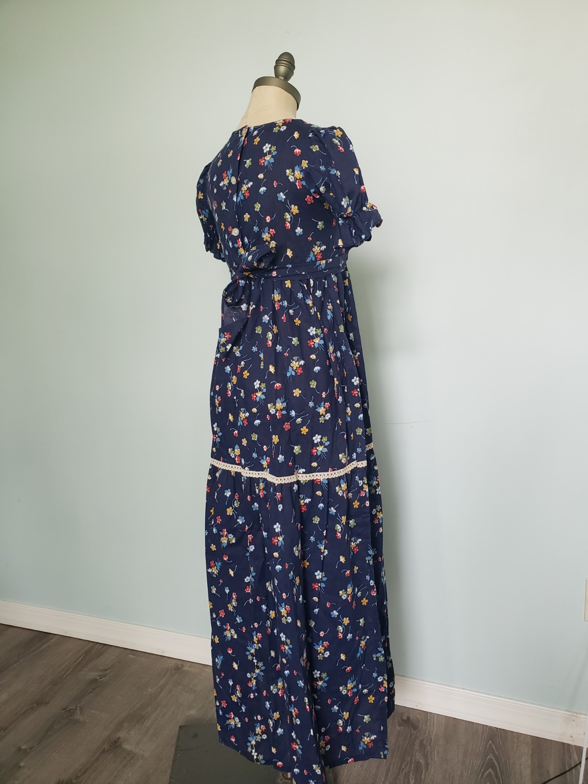 VTG 70s Spencer California Girl’s 14 Prairie Dress Maxi Blue Floral Puff Sleeve