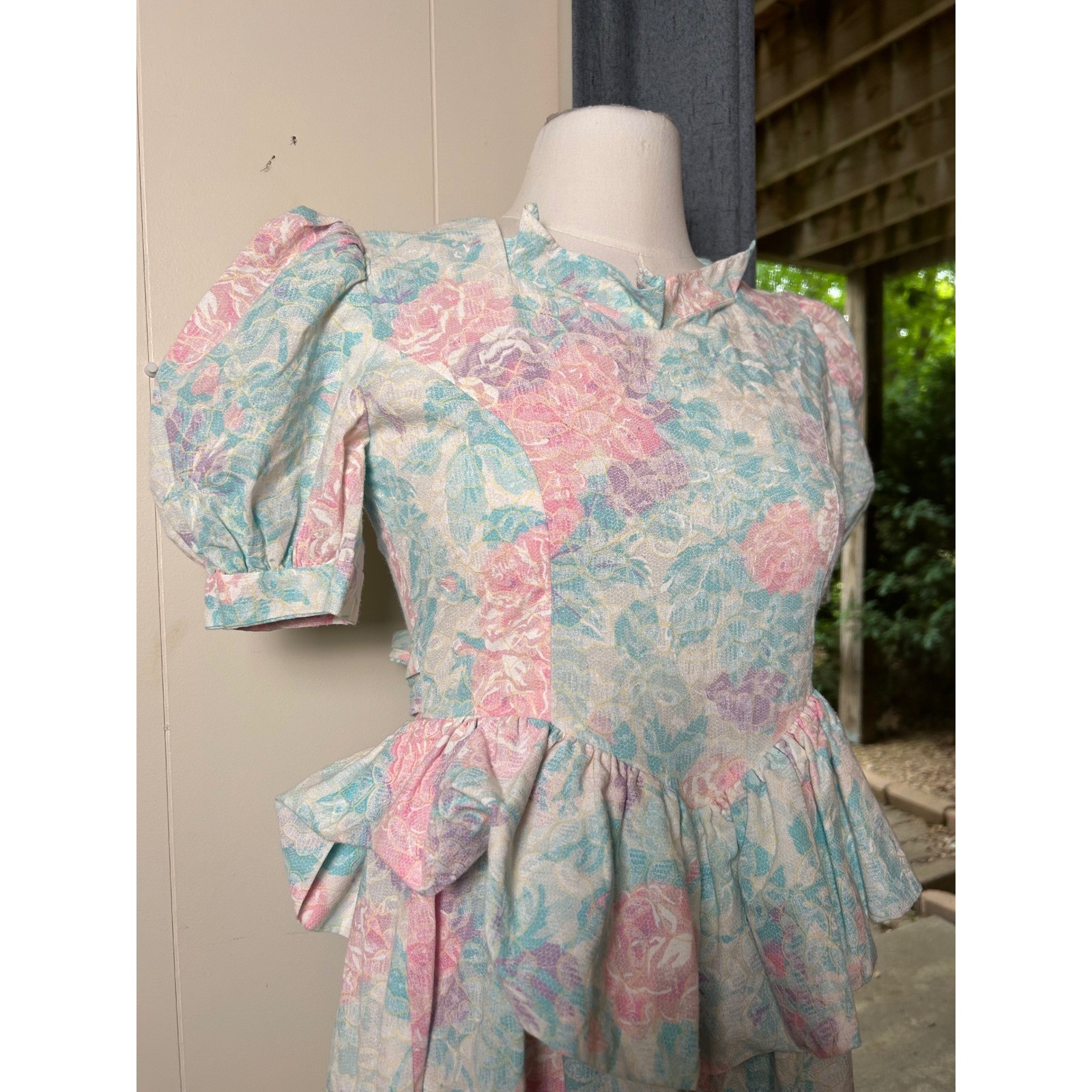Vintage 80s Pastel Floral Peplum Midi Dress Cottagecore Tea Party Garden Prarie