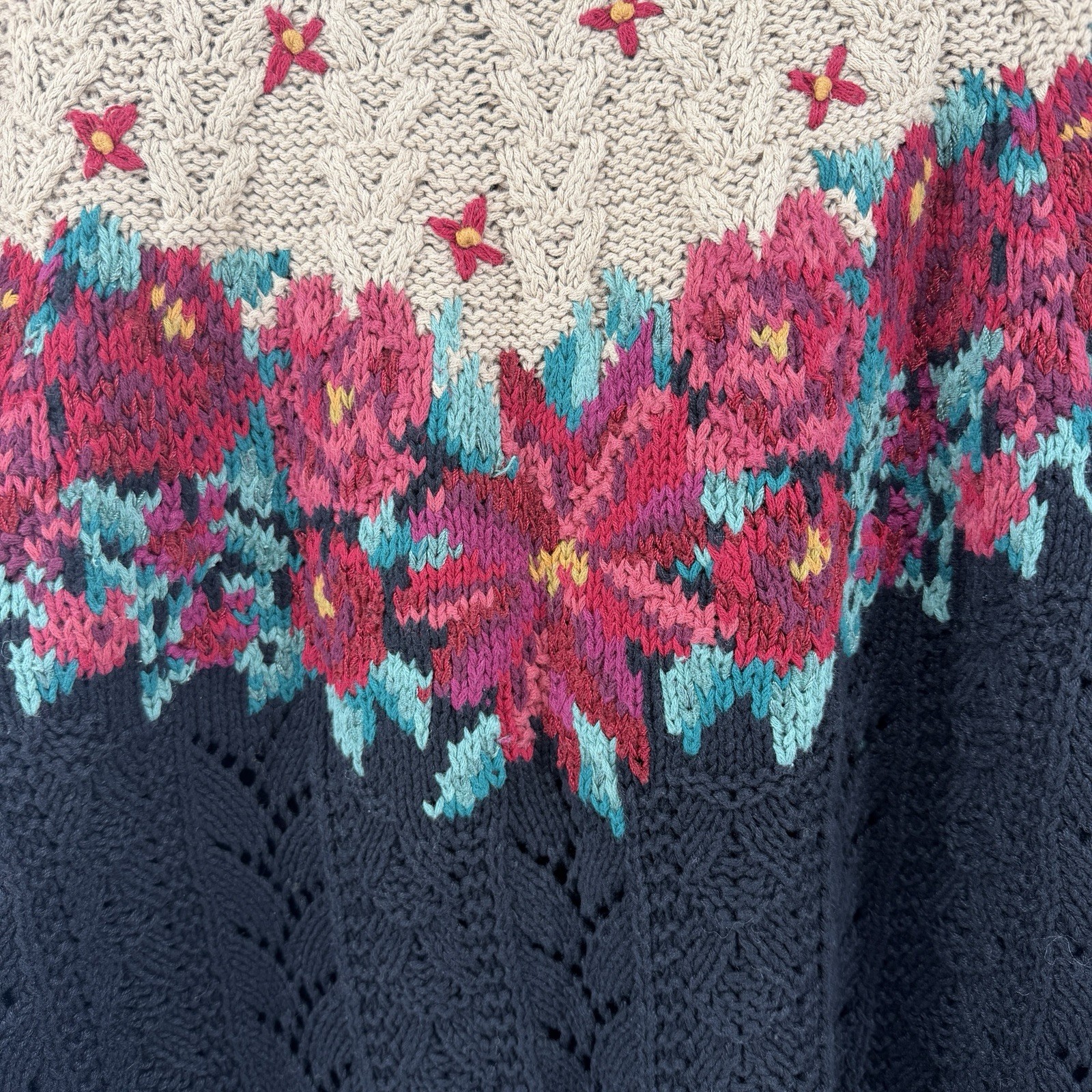 VTG Signatures by Northern Isle Hand Knitted Cardigan Sweater Sz L Floral Ladies